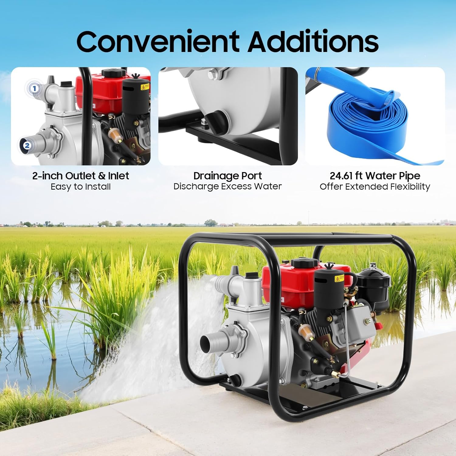 2 inch 4 Stroke Diesel Engine Water Pump, 7.5HP 210CC Single Cylinder Air-cooled Portable High Pressure Diesel Engine Water Pump with 24.61ft Water Pipe for Farmland Garden Irrigation