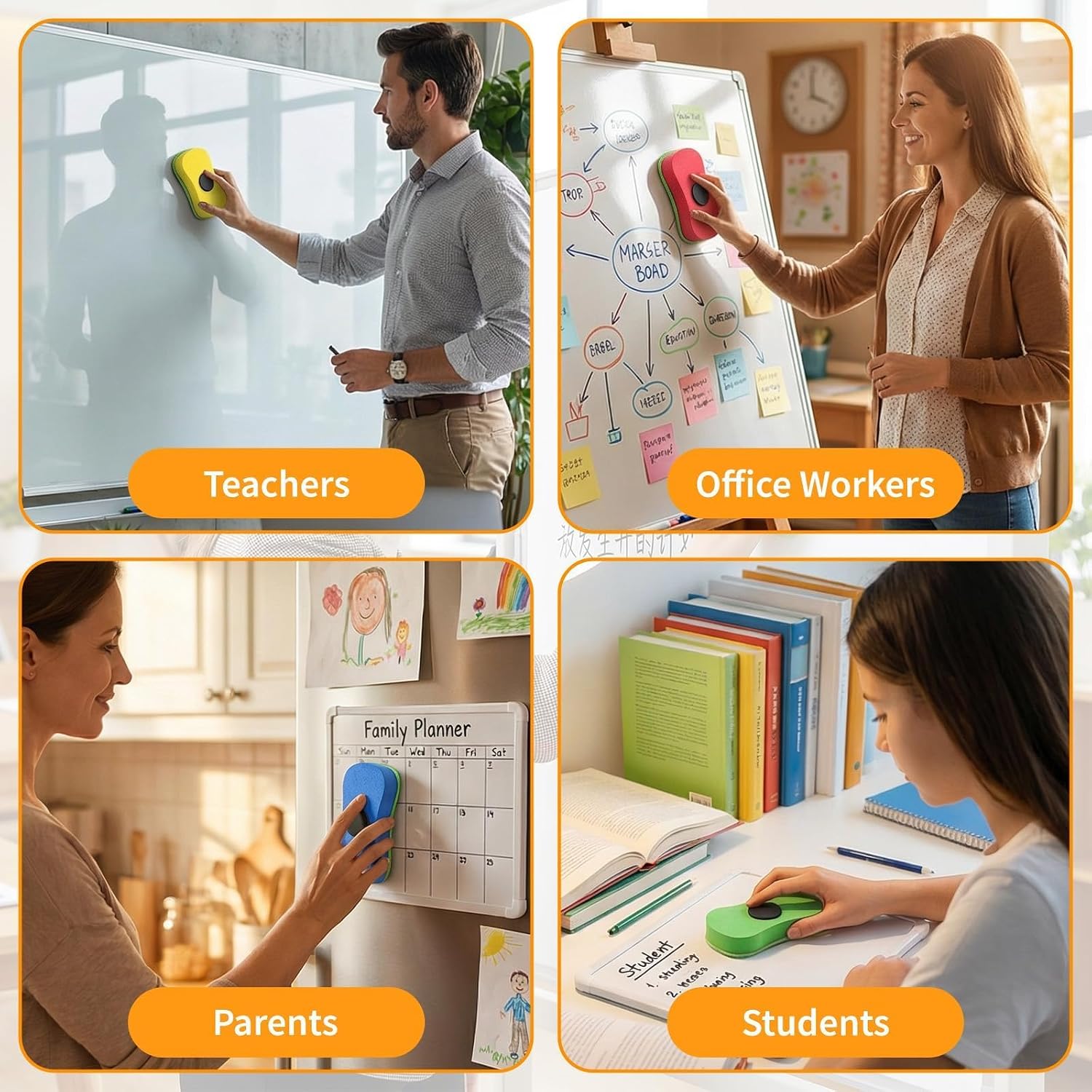 4PCS Magnetic Chalkboard Eraser Set - Washable Microfiber & Coral Fleece Board Erasers | All-Purpose Whiteboard Cleaner for Markers & Chalk | Dust-Free Board Clean for Classroom, Office & Home