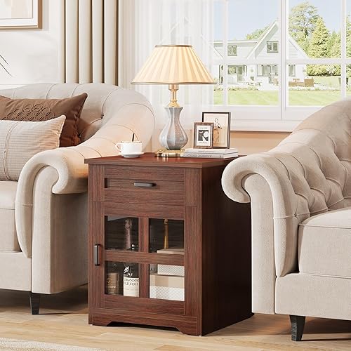 Miniatura 4 de Juego de 2 mesas auxiliares de granja con cajón, mesa auxiliar grande de 18 pulgadas con armario de almacenamiento y puerta acrílica, mesita de