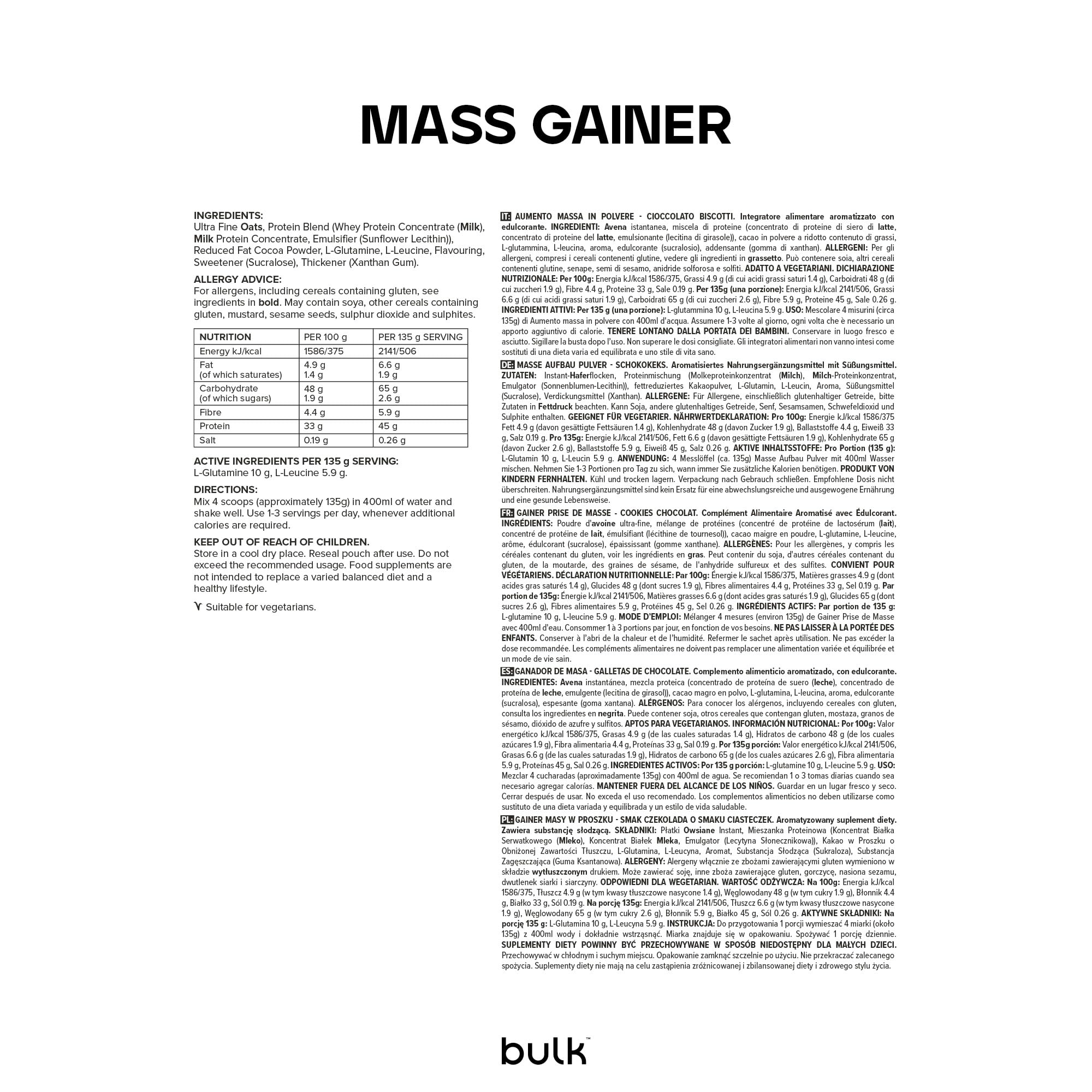 Bulk Complete Mass Gainer | Chocolate Cookies | 1kg | 45g di proteine e 5g di BCAA per porzione | Integratore calorico per aumentare la massa muscolare | Facile da miscelare | Gusti deliziosi