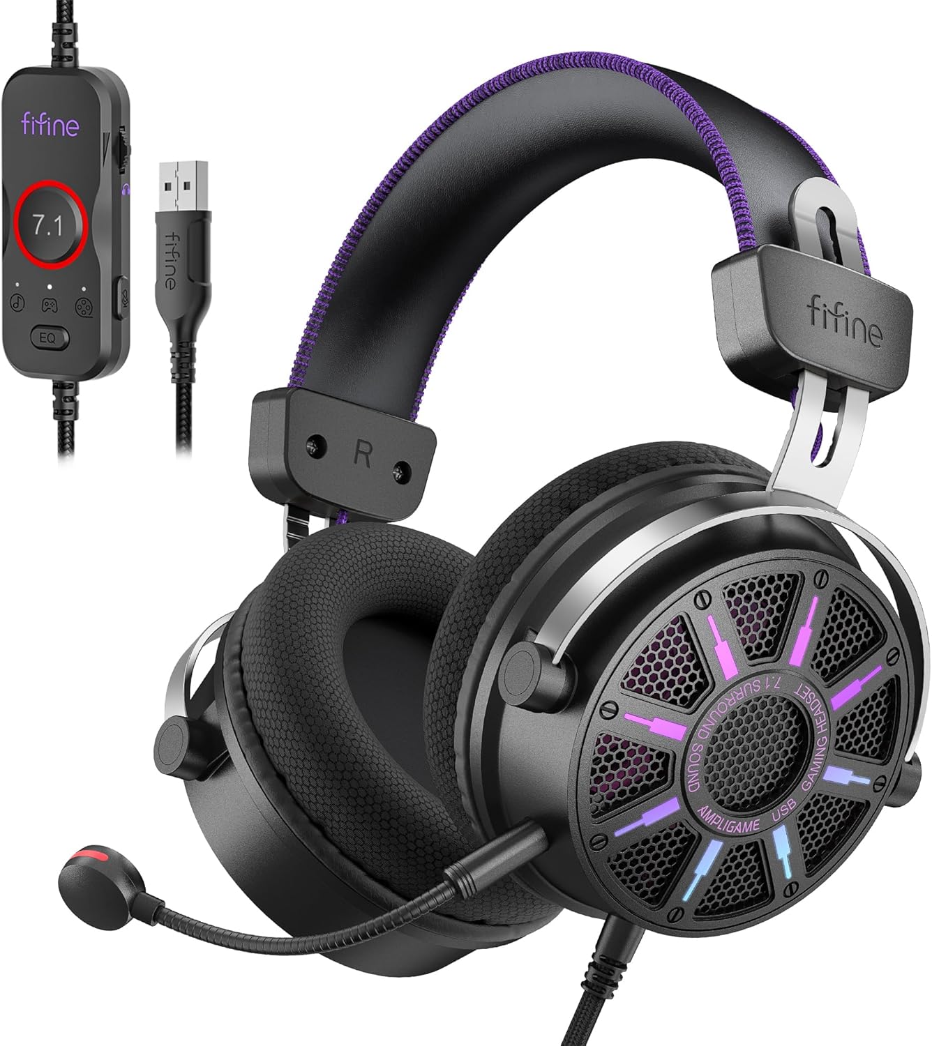 FIFINE H19BP Open-Back Gaming Headset: 7.1 Surround Sound, Breathable Mesh, RGB Lighting, Mic for PC PS5 PS4