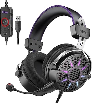 FIFINE Wired USB Gaming Headset with Open Back Design, Breathable Mesh Fabric, 7.1 Surround Sound, Vibrant RGB, in-line Control Box, Over-Ear Headphone with Mic for PC, PS5/PS4, Laptop, Mac - H19BP