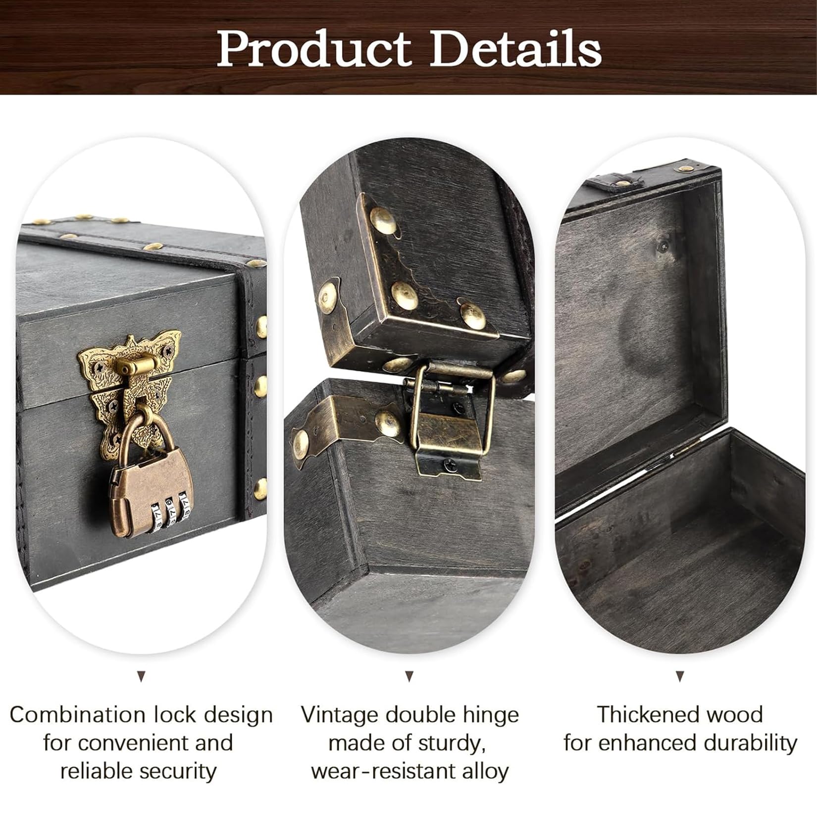 Coffre Au Trésor Vintage En Bois 24x17x9,5 Cm – Avec Serrure à Combinaison Secrète – Idéal Rangement Bijoux & Décoration Pirate