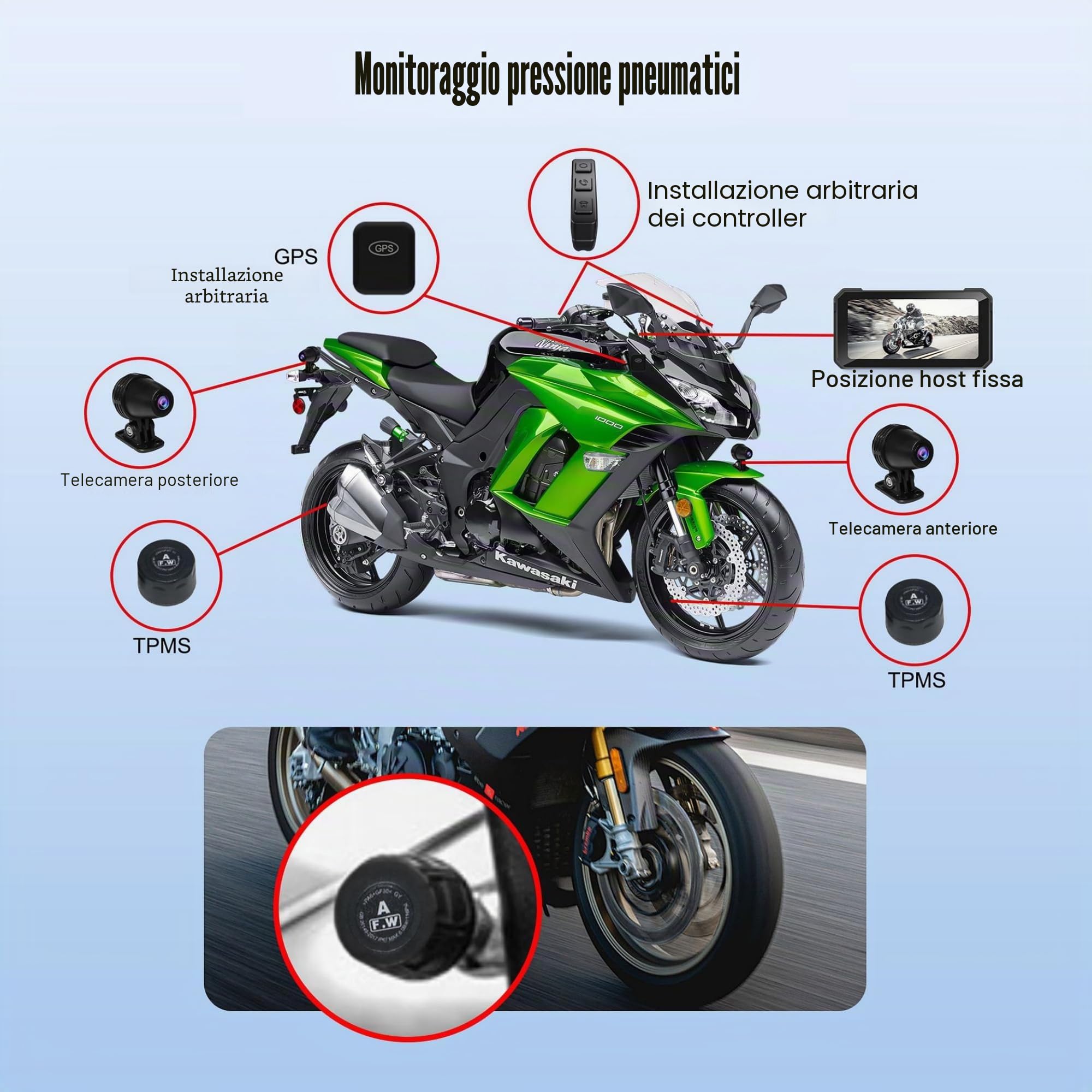 Navigatore GPS Moto 6,2 Pollici Doppia Fotocamera CarPlay Wireless Android Auto Impermeabile IPX6 TPMS BT5.0
