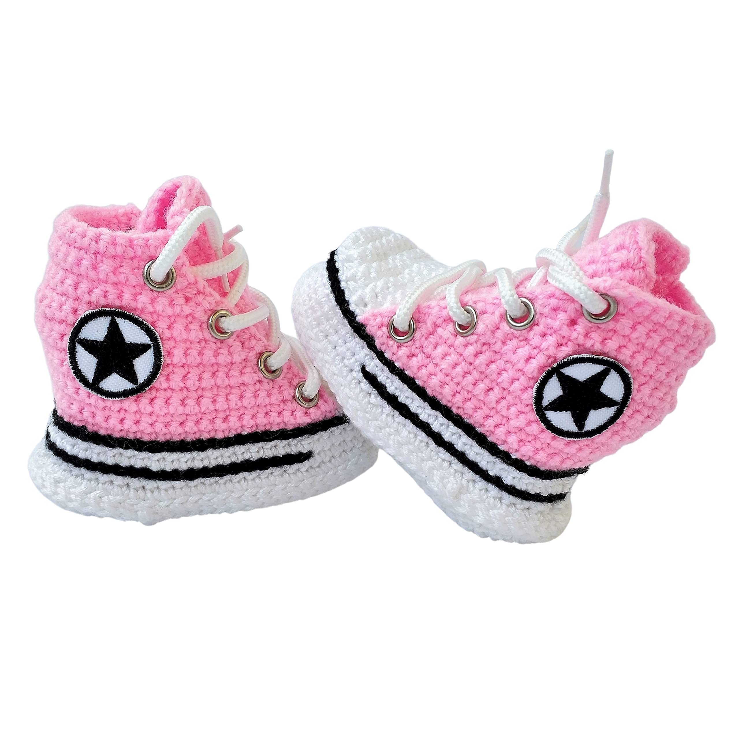 Handgemachte Häkel Merinowolle rosa Baby Booties Sneaker, weiche High-Top Krabbelschuhe für Neugeborene und Kleinkinder, rutschfeste Sohle, individuelle Größen, Geschenk zur Geburt