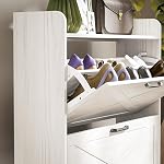 Cabinet à chaussures étroit HOMCOM pour entrée, cabinet de rangement à chaussures mince de style ferme avec 3 tiroirs à bascule, étagères réglables, compartiment ouvert et portes de grange pour couloir, Chêne blanc