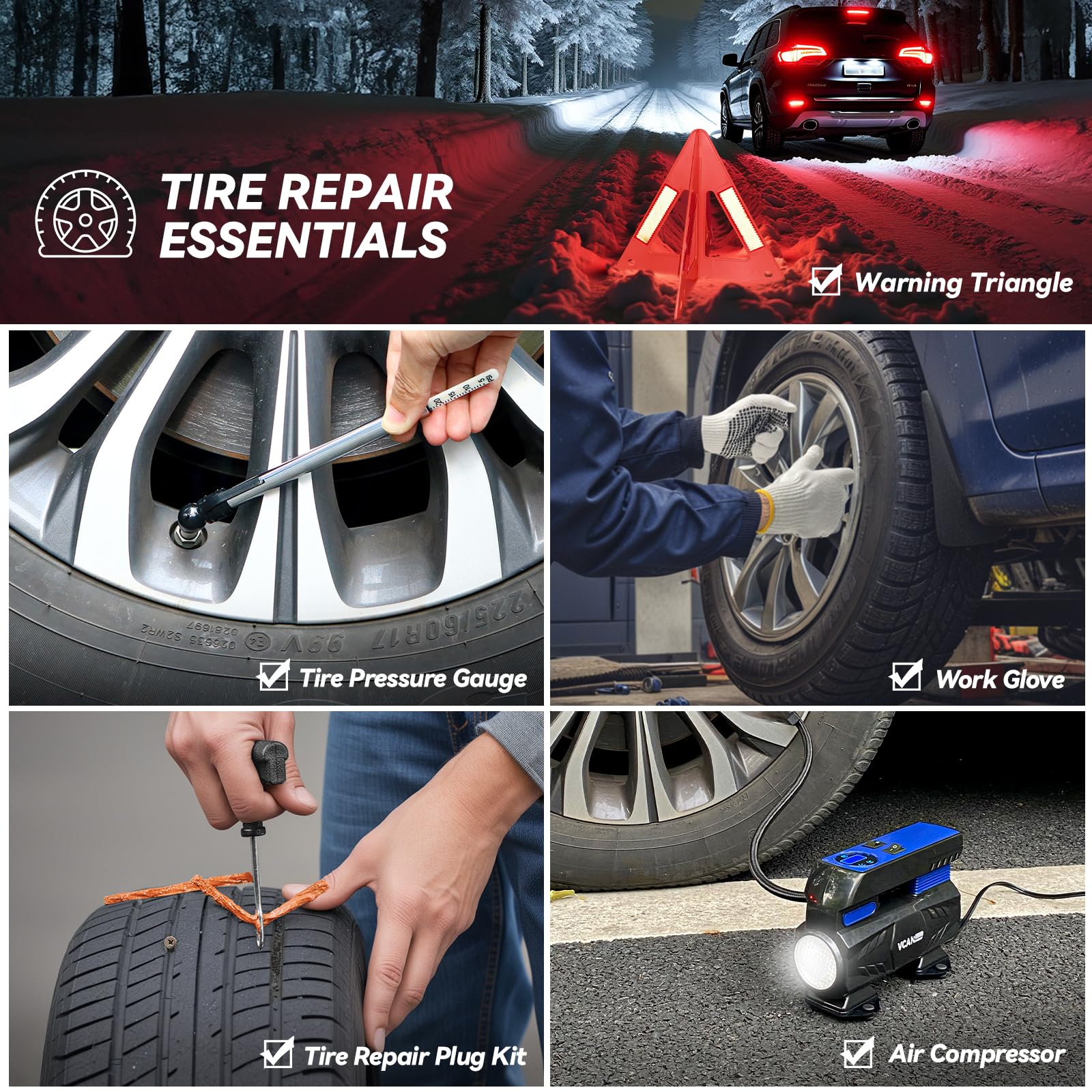 Car Emergency Kit with Portable Air Compressor, Winter Car Safety Roadside Assist Kit, Emergency Car Kit for Cars, Trucks