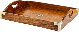 Nagina International Nautyczna ręcznie wykonana palisander ciemny głęboki bogaty taca z gloryfikującymi mosiężnymi polerowanymi narożnikami i inkrustowaną kotwicą | kuchnia kolacja śniadanie uniwersalna taca (mała)