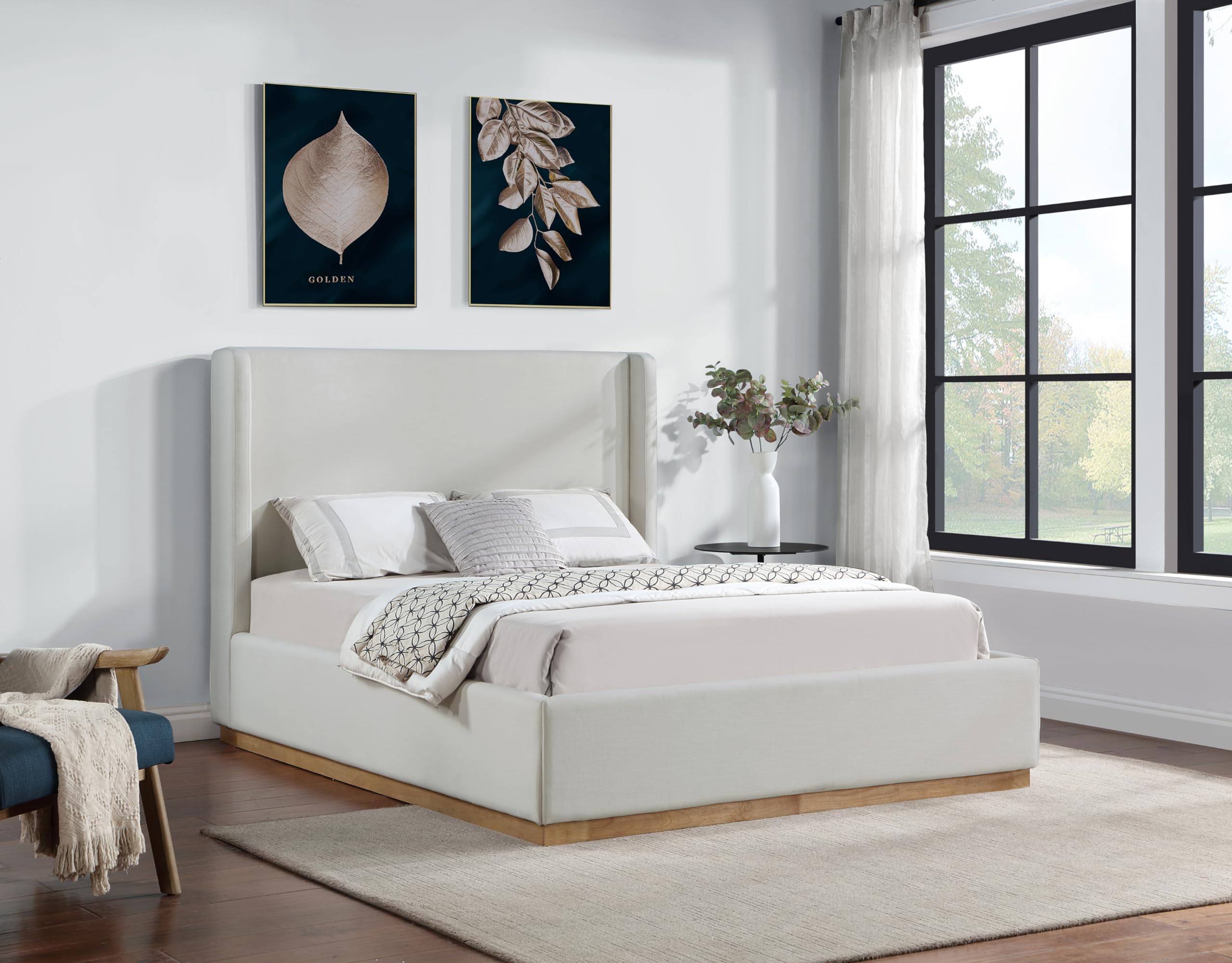 Meridian Furniture FlynnCream-Q Flynn Collection Modern | Contemporary Queen Bed with Cream Linen Textured Fabric, Natural Finish Solid Wood Base, Wing Back, 65.5" W x 87.5" D x 52" H, Cream, Queen