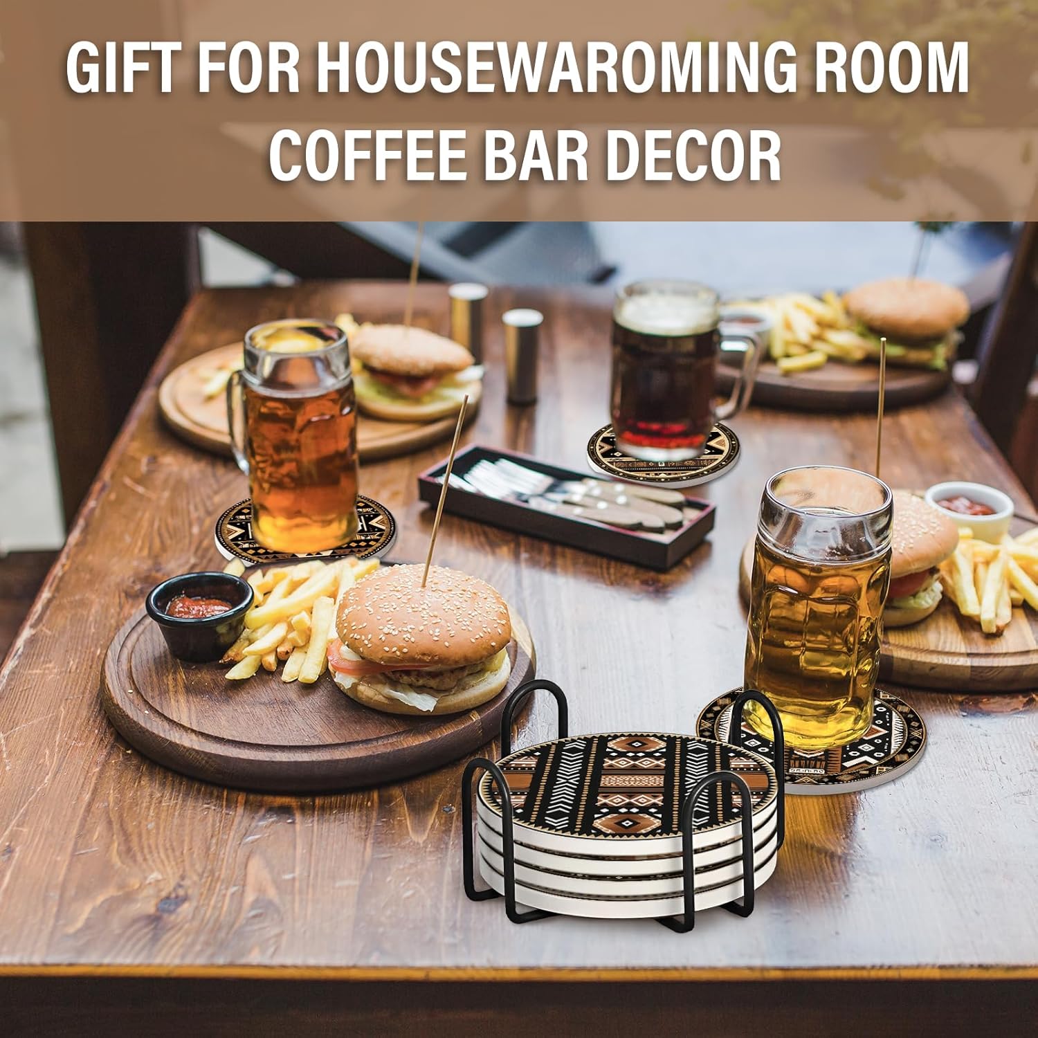 Drink Coasters Set of 6, Western Ceramic Stone Coasters, Western Home Decor, with Cork Base and Metal Holder, Absorbent Round Non-Slip Drink Coffee Bar Decor Mug Cup Coaster - Image 6