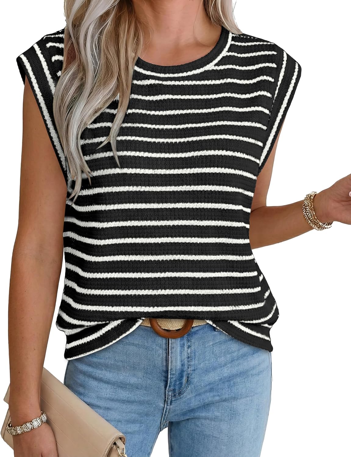 Womens Tops Sleeveless Sweater Vest Striped Knit Spring Tops Muscle Tee Business Casual Summer Outfits T-Shirts Fashion Clothing Textured Tank Top 2026 Beach Vacation Clothes Black White Stripe L