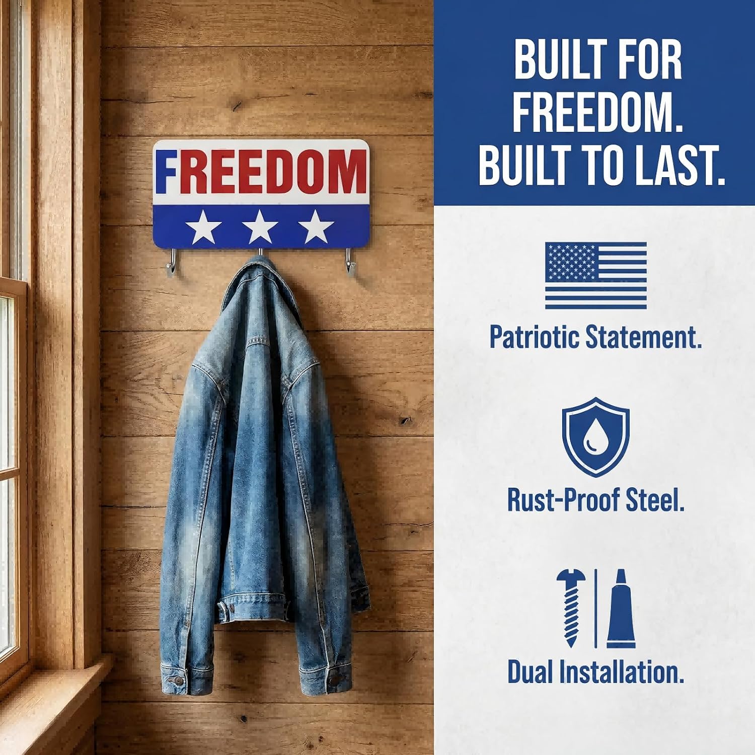 Freedom Key Holder for Wall with 3 Hooks, Patriotic Entryway Decor