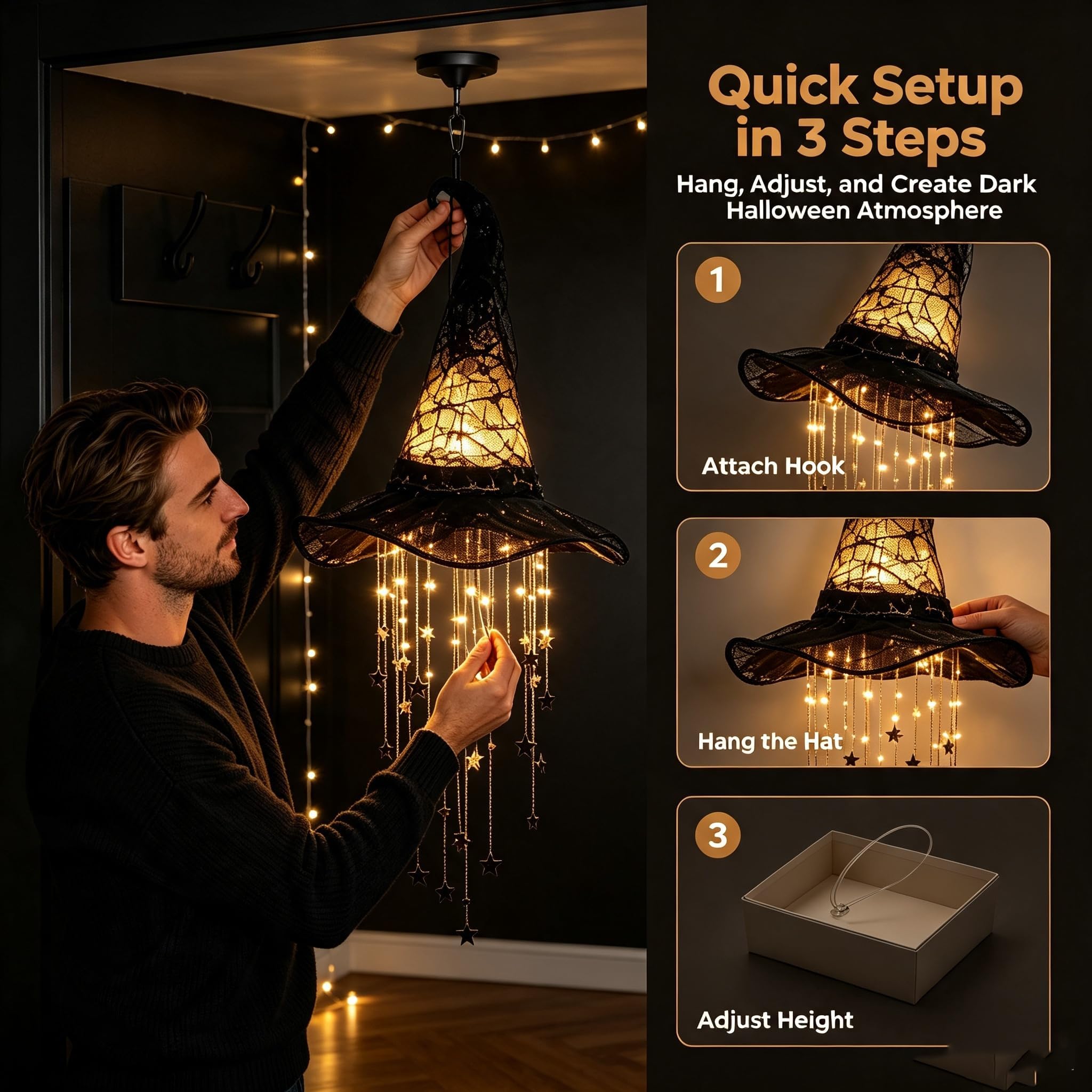 Beleuchteter Hexenhut mit Windspiel, Hängende Hexenhüte mit Lichtern，3