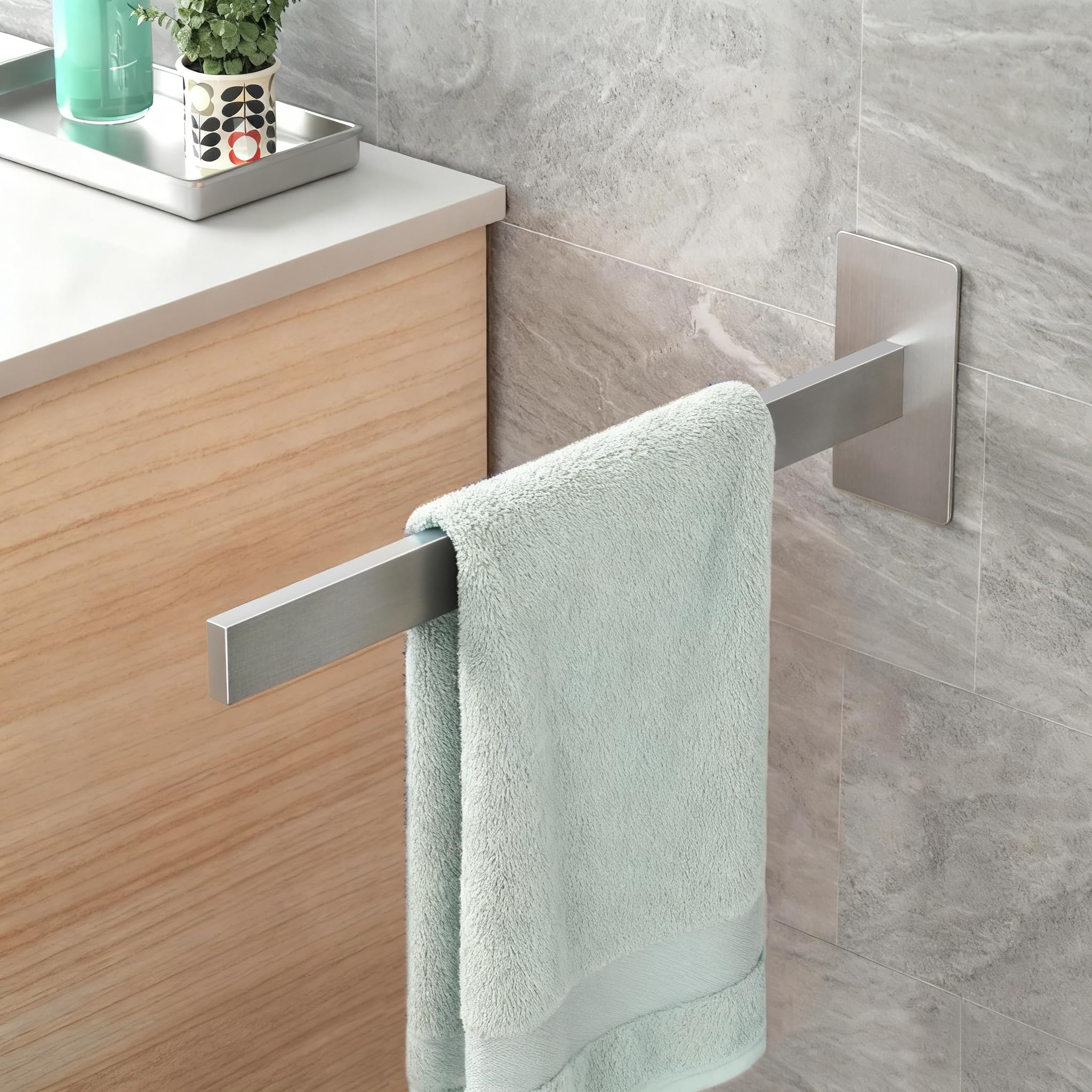 JS Towel Rail Wall Mounted Self Adhesive Hand Towel Holder SUS304 Stainless Steel - No Drill Towel Rack for Bathroom and Kitchen