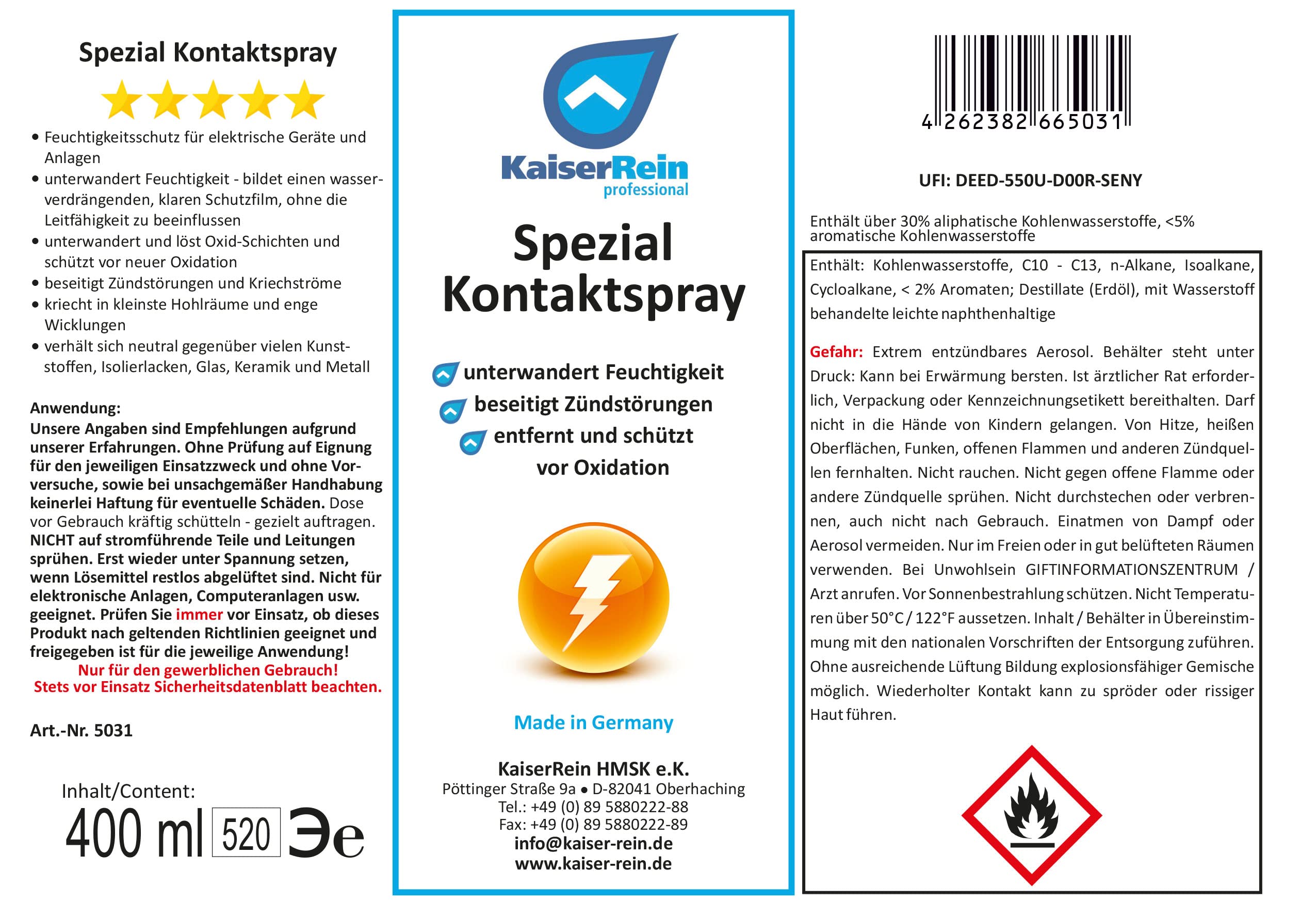 KaiserRein Spezial Kontaktspray (12x400ml) Feuchtigkeitsschutz für elektrische Geräte und Anlagen I unterwandert und löst Oxid-Schichten und schützt vor neuer Oxidation