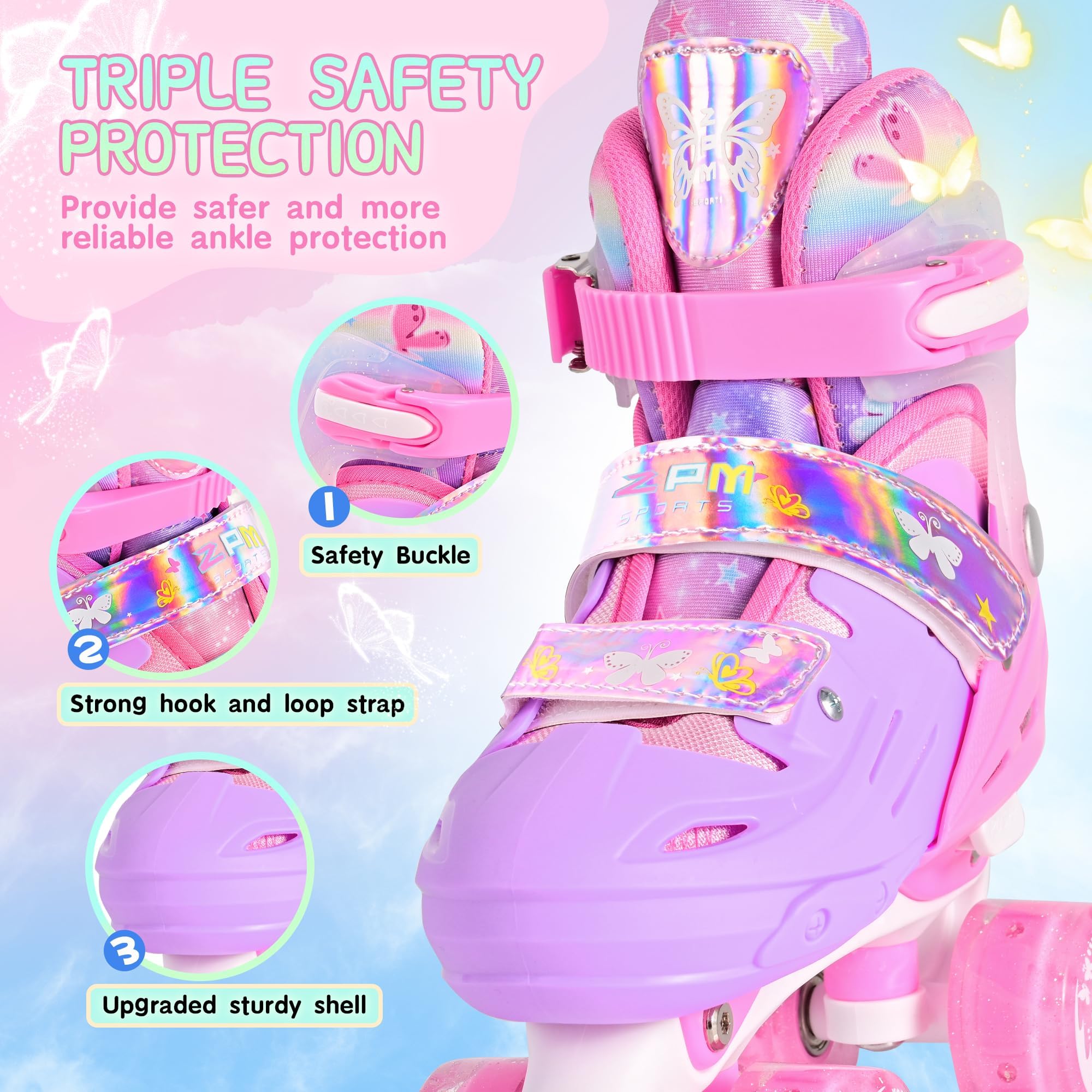2PM SPORTS Patins à roulettes pour Enfants Fille - Rose Bleu Réglable 4 Roues pour Débutant Intérieur Extérieur