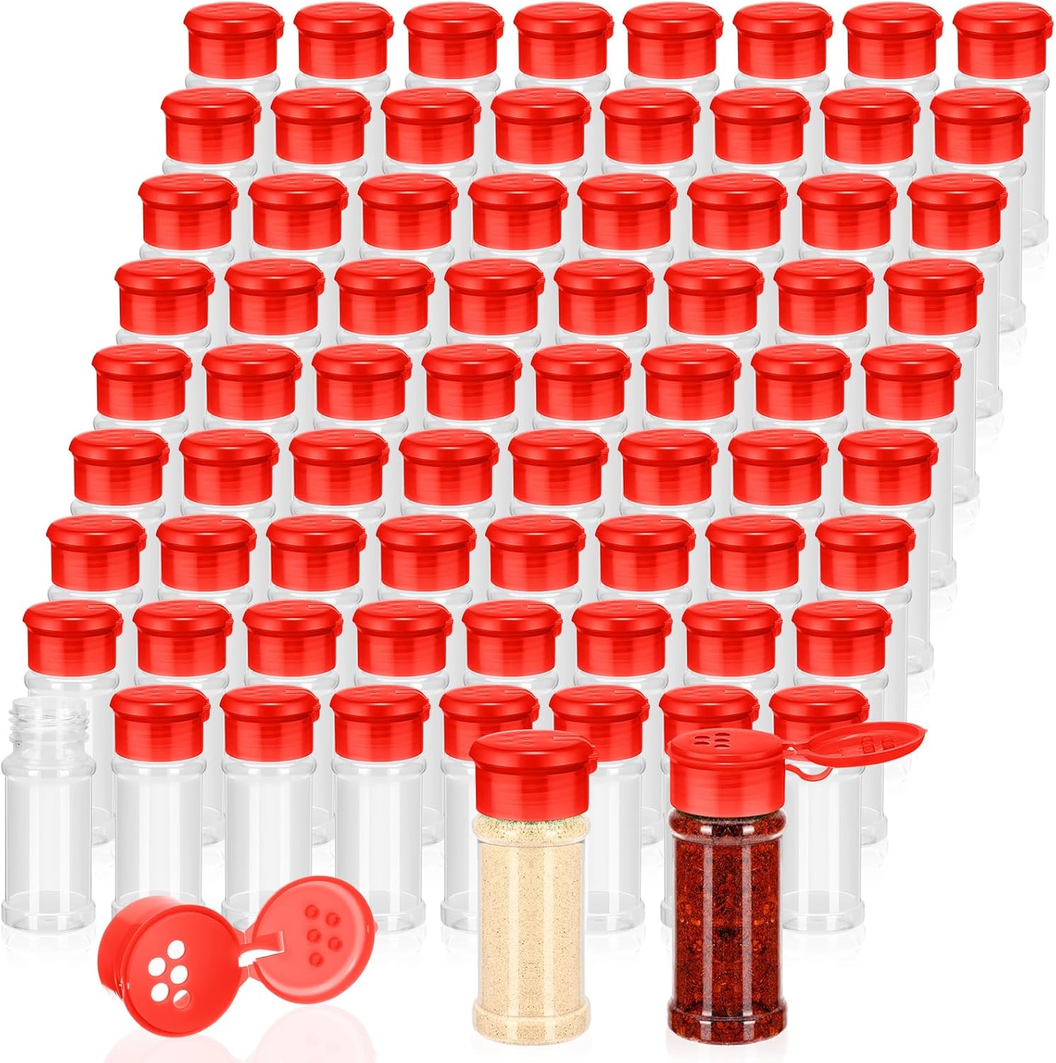 Amyhill 100 Pcs Plastic Spice Bottles Spice Jars with Black Cap Seasoning Jars Shaker 2 Oz/ 60ml Clear Bottle Containers with Shaker Lids for Storing Herbs and Seasoning Powders