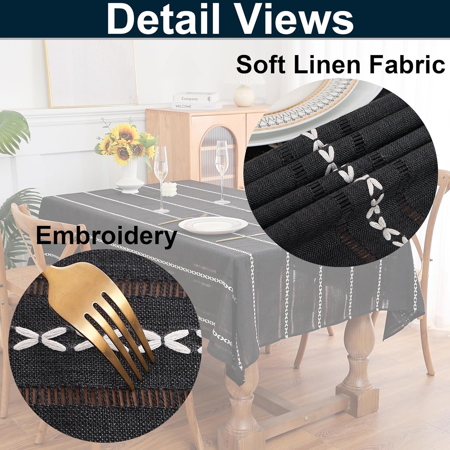 Gernaice Boho Striped Oval Tablecloth, Linen Fabric Cut-Out Embroidery Style Table Cover Dust-Proof Decoration for Dining Kitchen Home Party Oval Table, Black 53”x70