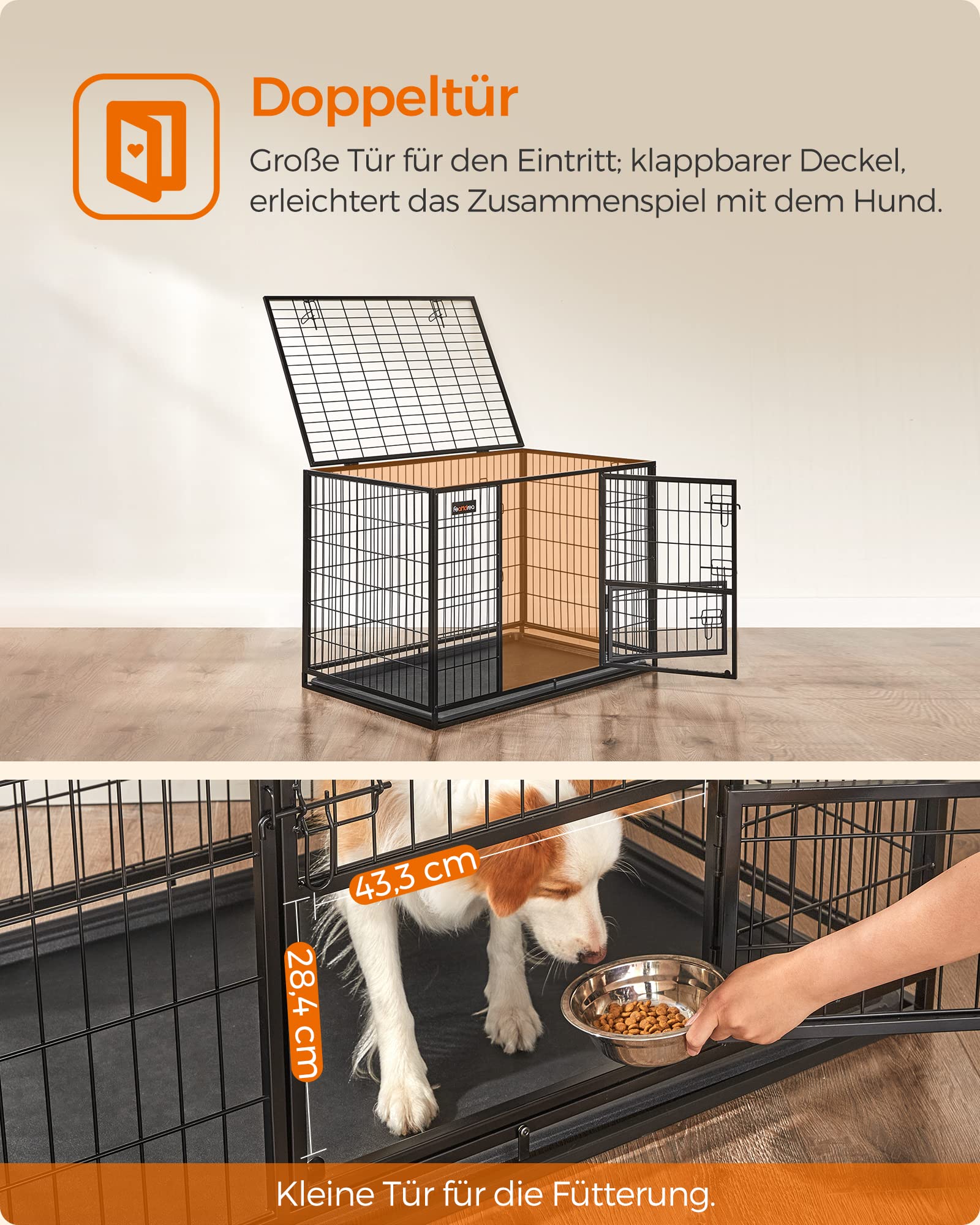Feandrea Haustierkäfig hochbelastbar, Gitterbox, transportabel, 107 x 70 x 75 cm,für mittelgroße, große Tiere, sicher, 2 abnehmbare Türen, XL, tintenschwarz PPD001B01