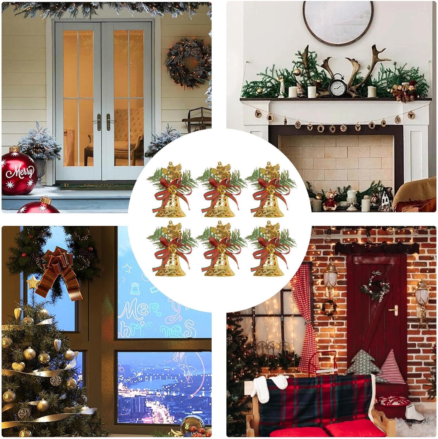 Bell Ornaments 6X Set Gold for Christmas Tree Window Handle Front Door Decorative Bells Pendant