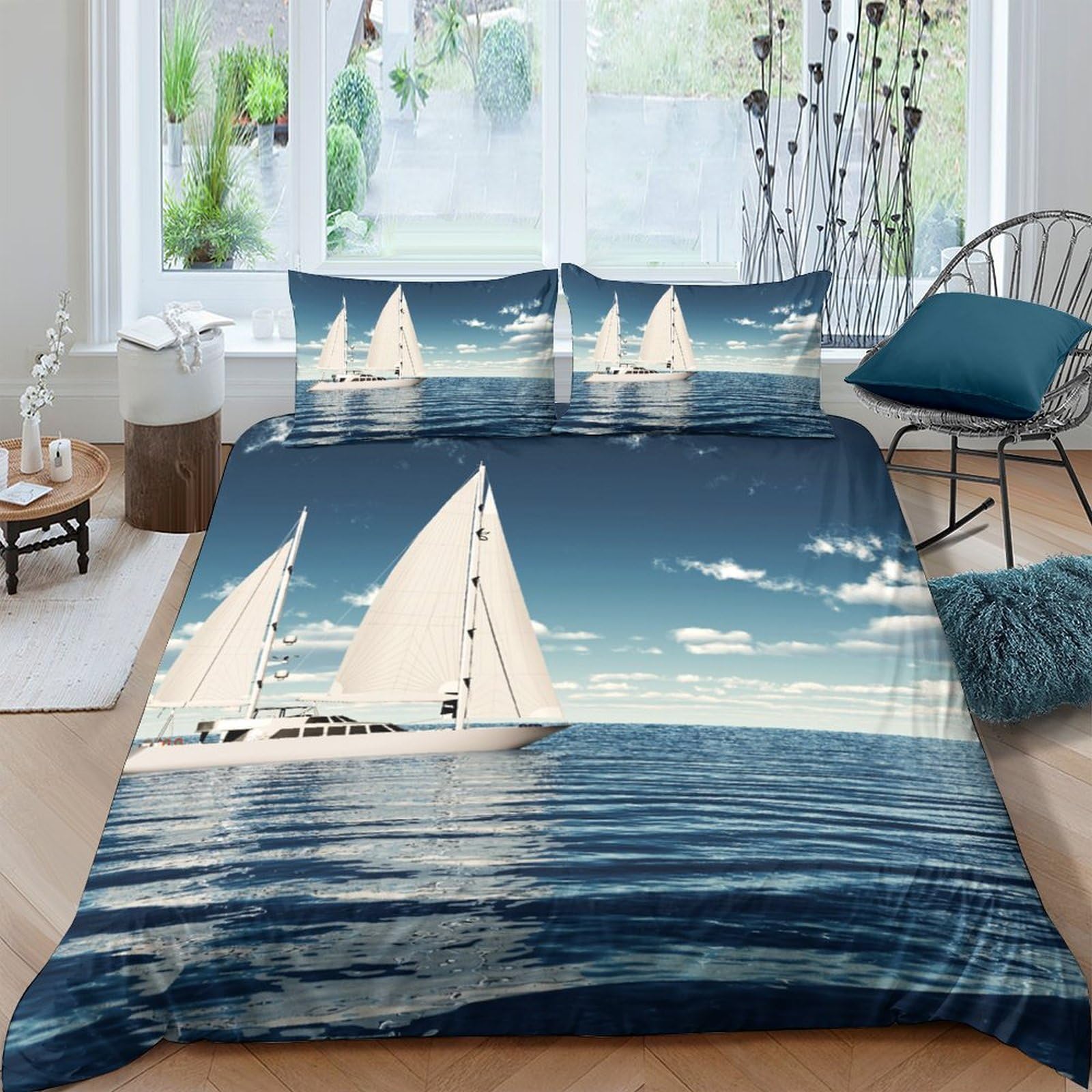 GPLZQXKJNH 3D Printed Sailboat Ocean Duvet Cover Set Microfiber Soft Breathable Yacht Bedding Set with 2 Pillowcases for Bedroom Decor Single（135x200cm）
