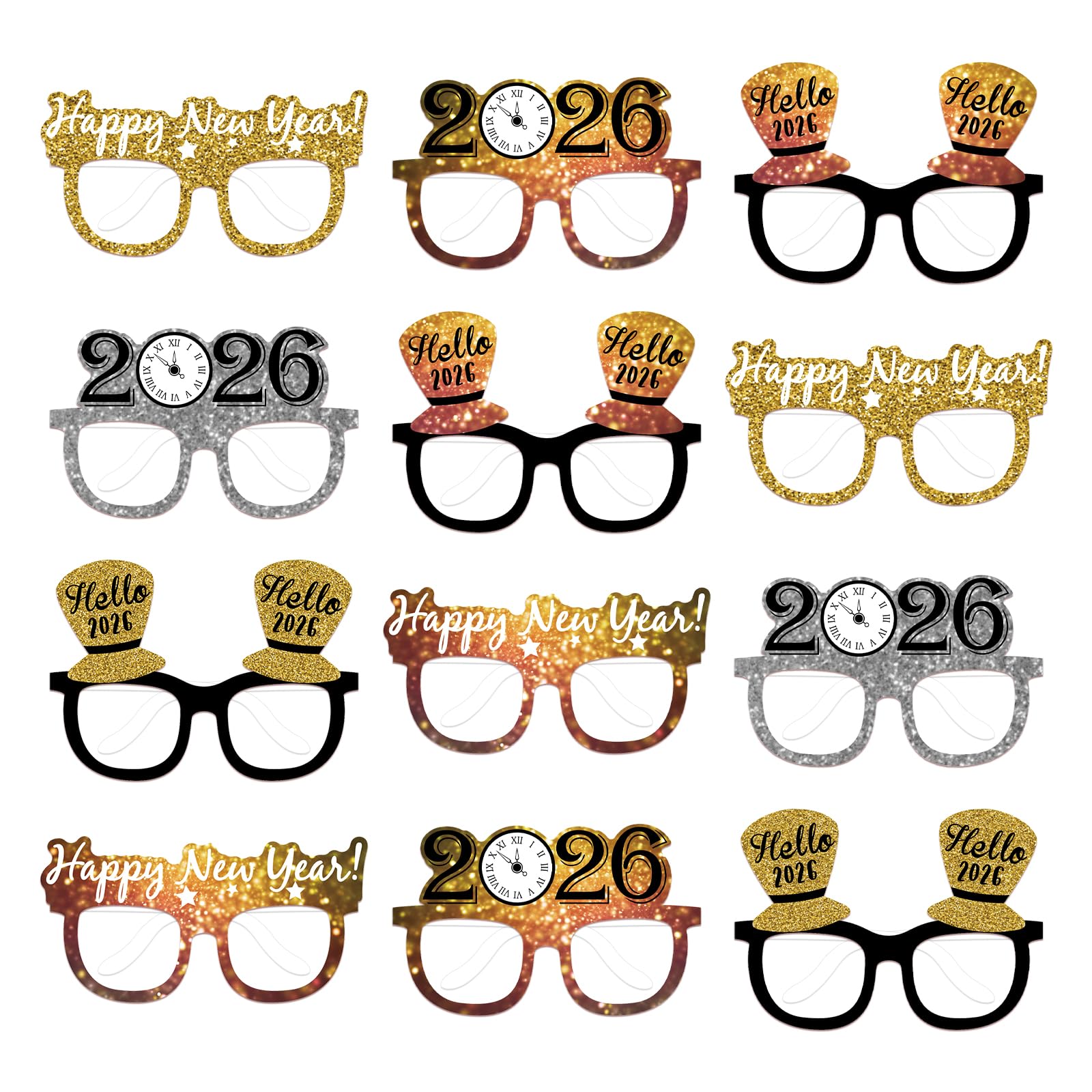Runloon 12PCS New Year Glasses, Funny New Years Eve Party Paper Glasses Photo Booth Props 2026 Eyeglasses Frames for NYE Party Supplies Decorations