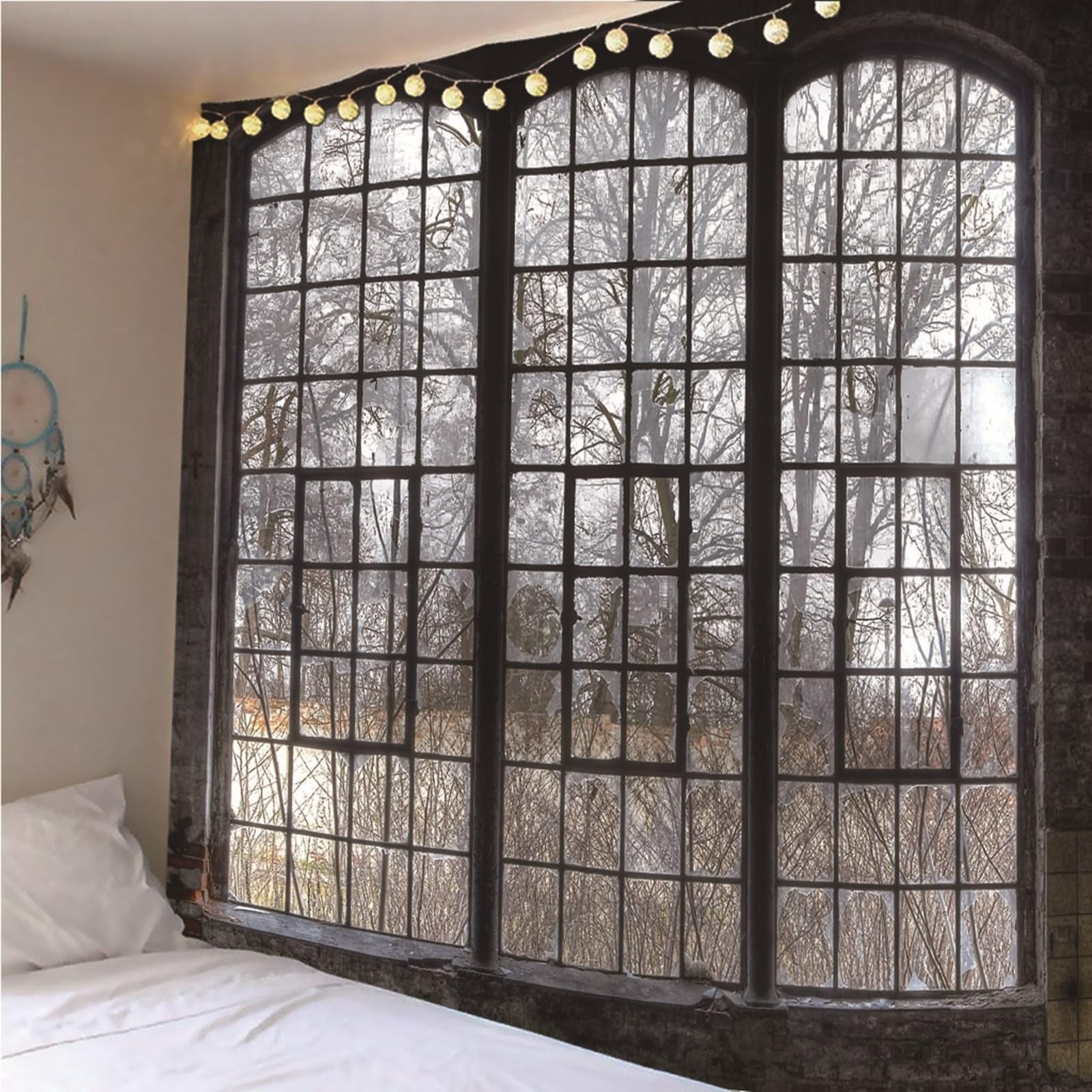 Lieson Wandteppich Fenster und Baum, Wandtuch Grau Wandbehang für Wohnzimmer Wohnheim Heimdekoration, 260x240CM
