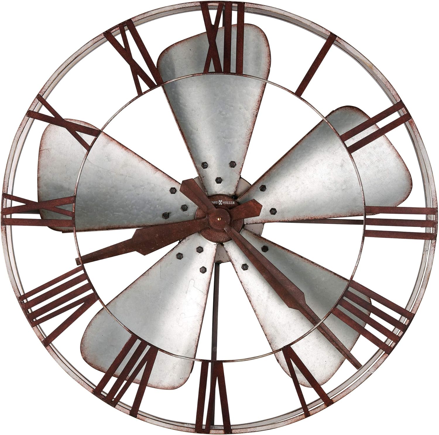 Amazon Com Howard Miller Mill Shop Gallery Wall Clock 625 723 Aged Silver Finish Wrought Iron Frame Galvanized Steel Fan Blades Rustic Home Decor Quartz Movement Home Kitchen