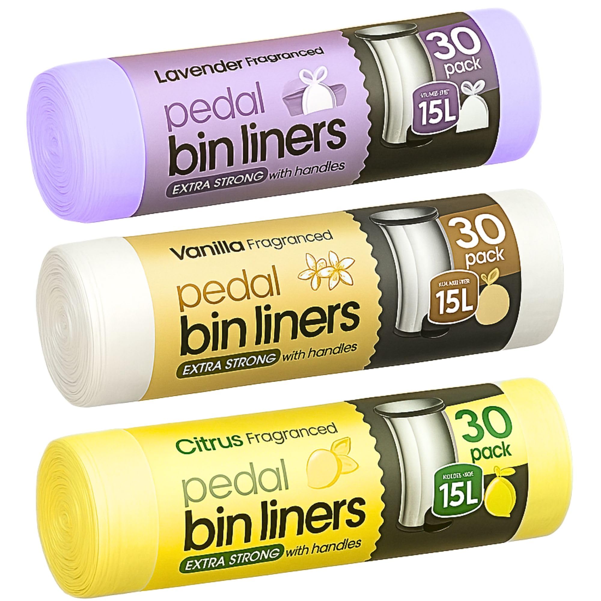 90 Extra Strong Scented Bin Liners 15L | Fragranced Pedal Bin Bags Lavender bags, Vanilla, Citrus 3 rolls of 30