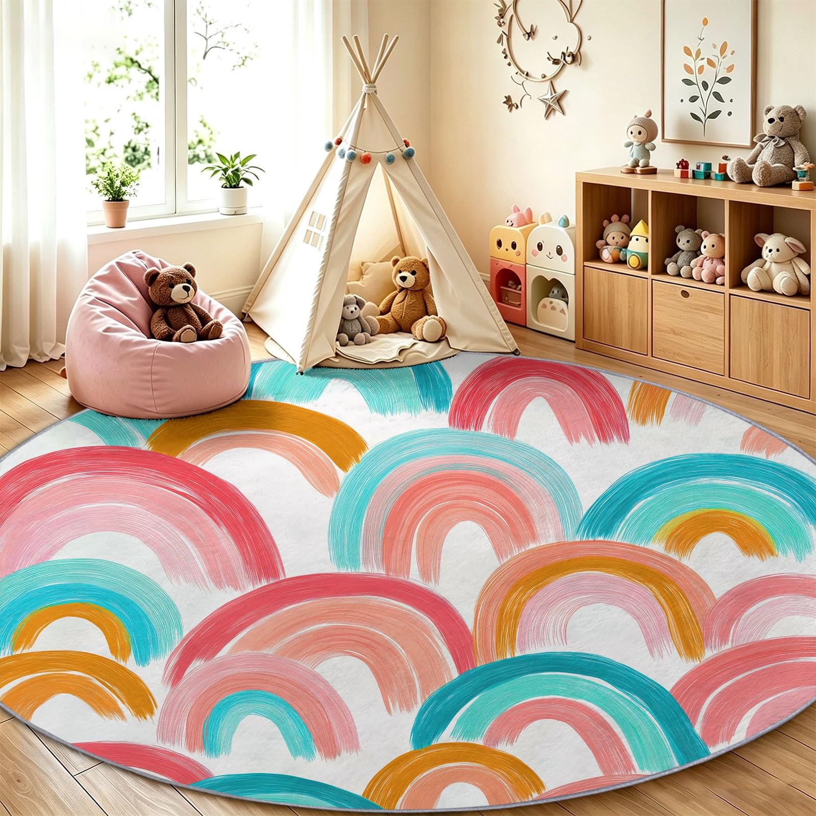 Tappeto boho, lavabile, motivo geometrico, con linee arcobaleni, rotondo, 180 cm, bianco, a pelo corto, antiscivolo, per camera da letto e camera da letto