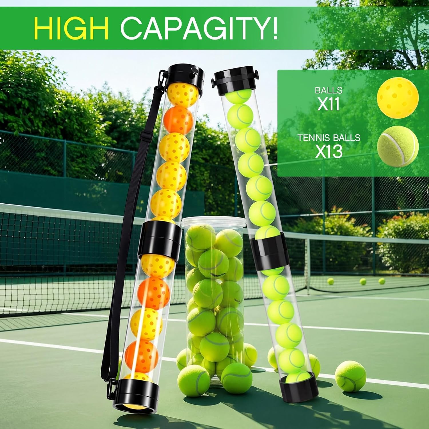 Soulchen 2 Pack Ball Retriever Upper Compatible with Pickleball Tennis Pickup Tube Holds 11/16 Balls with Shoulder Strap Easy Pickup Portable Ball Holder Storage Compatible with Pickleball