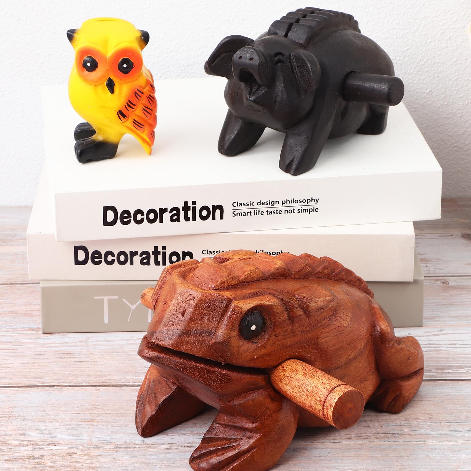3 Stück Holz Klangtiere Dekoration Kröte Schwein Eule Holz Schallblock Realistische Tiergeräusche Musikinstrument für Musikunterricht und Wohndekor