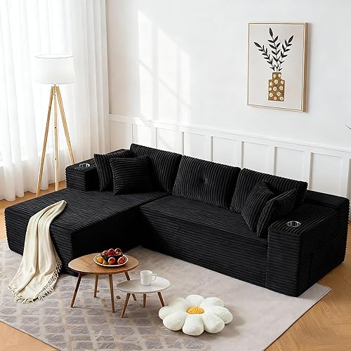 Modular Sectional Sofa, 105" L Shaped Comfy Cloud Couch with Deep Seat, Boneless Couch for Living Room, 3 Seat Modular Sofa with Chaise and Cup Holders, No Assembly Required, Black Corduroy
