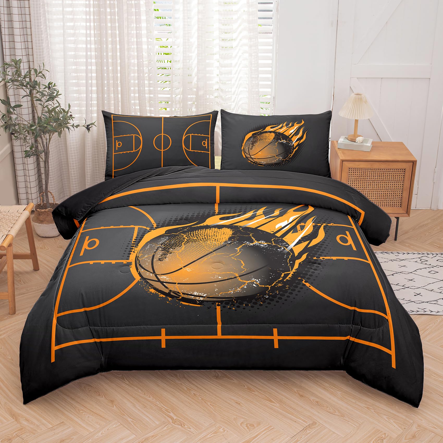 NINENINE Basketball Comforter Sports Bedding Sets for Boys,Queen Comforter Sets for Kids,Basketball Bedding Set(1Comforter, 1Flat Sheet, 1Fitted Sheet, 2Pillowcases)