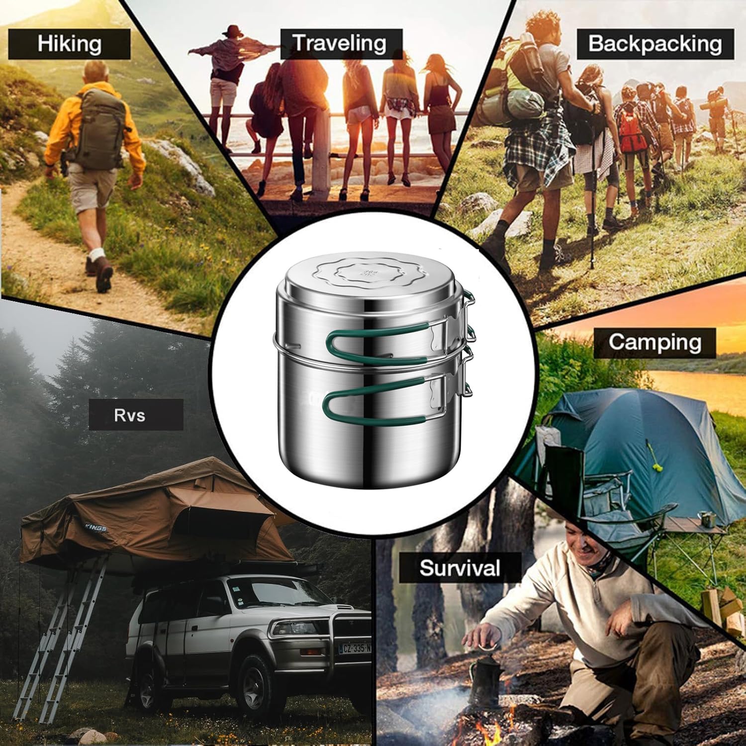 Camping Kochgeschirr Mess Kit, Edelstahl Camping Kochset, Backpacking Kochen Set Backpacking Ausrüstung mit Mini Herd für Camping, Backpacking, Picknick, Wandern