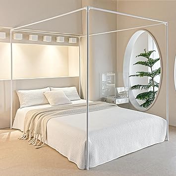 AIKASY Premium Canopy Bed Frame Posts for Full Size Beds - Sturdy Metal Poles, Four Corner Bed Brackets - Perfect Addition to Metal and Wood Bed Frames for Bedroom Decor Upgrade White
