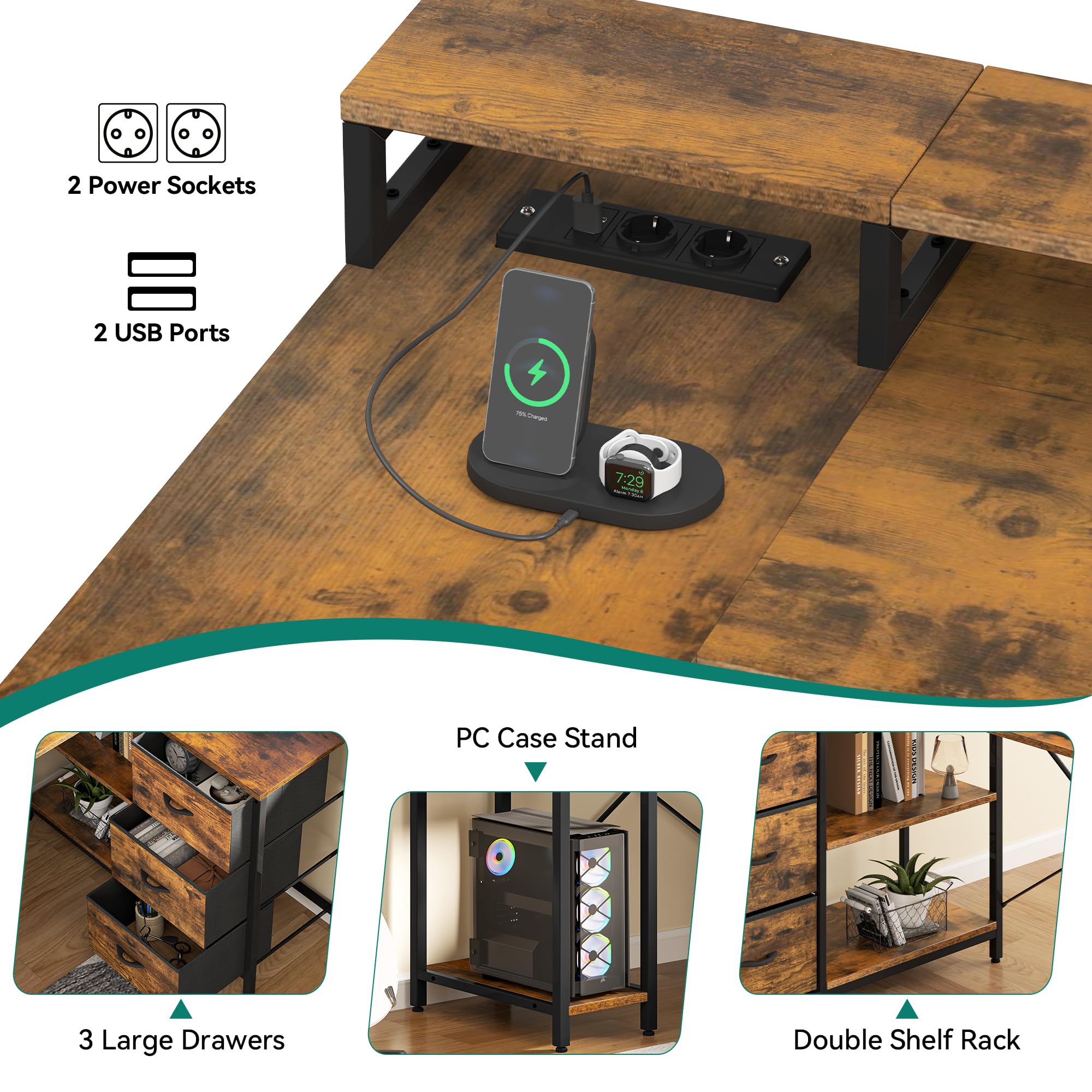 YITAHOME L Form Schreibtisch mit USB Ladeanschluss und Steckdose,Reversible Eckschreibtisch mit 4 Schubladen und Regal,Gaming Schreibtische mit Monitorständer,140x100 cm Computertisch für Büro,braun