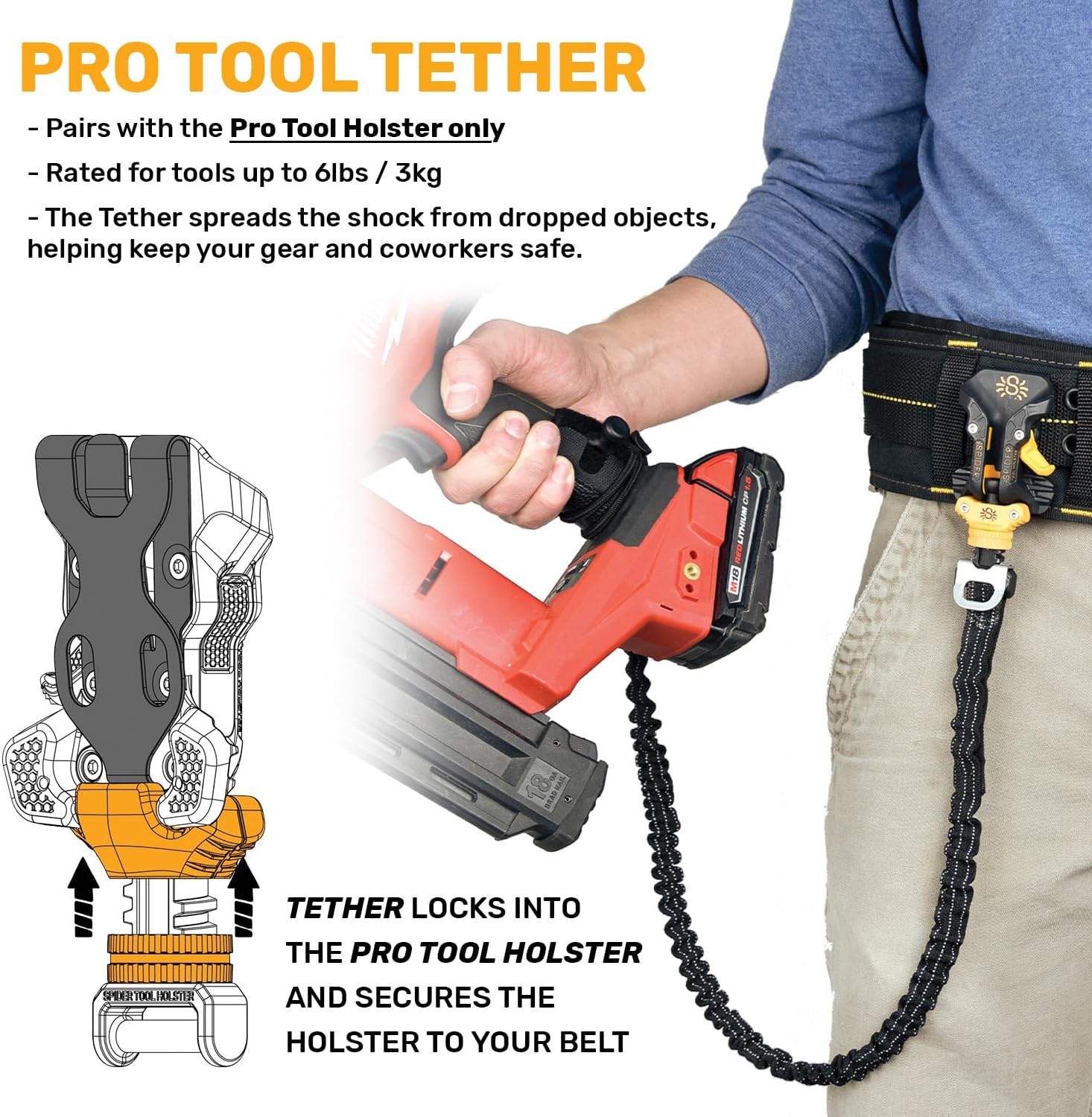 Spider Tool Holster - Pro Tool Tether - Heavy Duty Bungee Cord Carabiner Lanyard for use with Spider Pro Tool Holster – Fall Protection and Safety – Dropped Object Prevention - ANSI/ISEA 121-2018 - Image 3