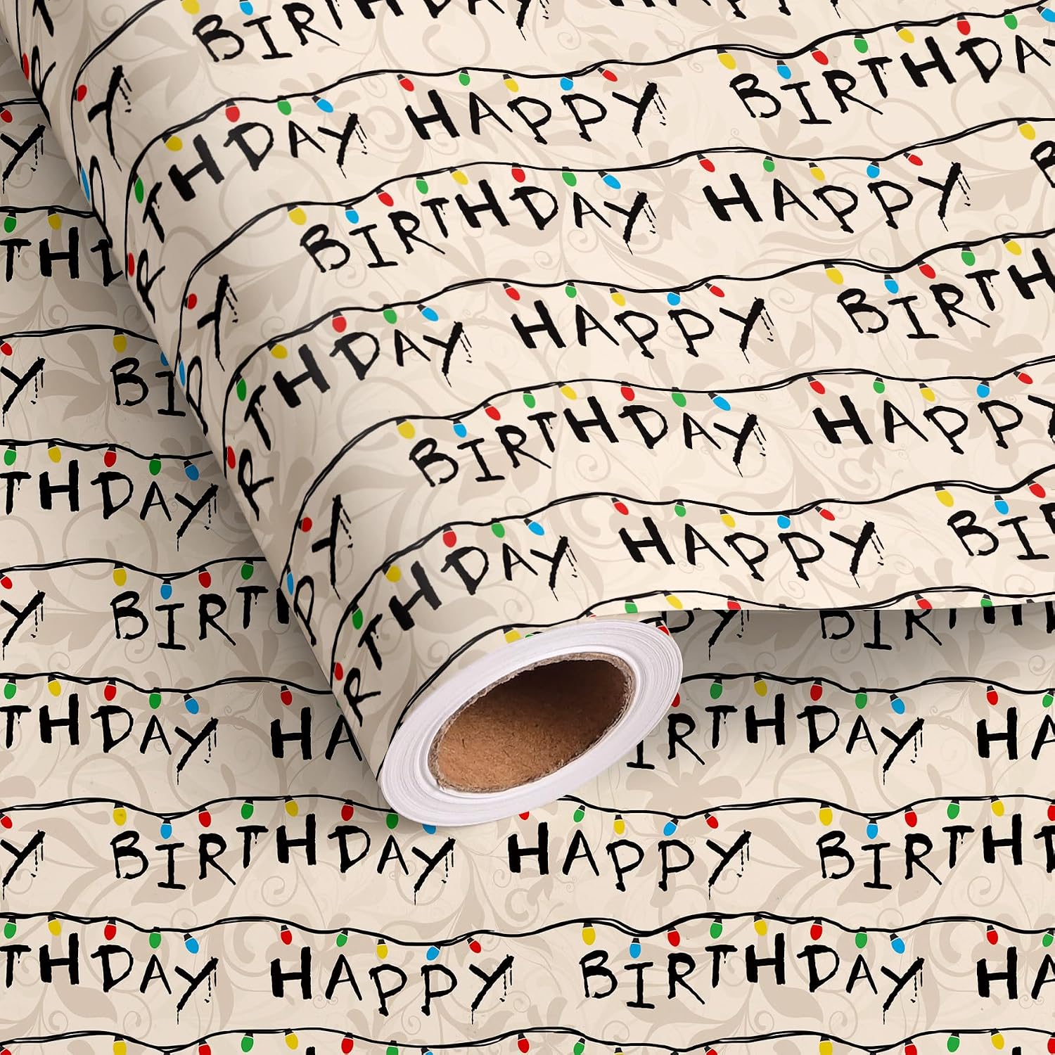 lopmou Birthday Wrapping Paper Roll for Men Women Kids - Vintage Neon Light with Happy Birthday Text Design Gift Wrap for Holiday Stranger Themed Pary Supplies DIY Craft (Total 28.5 sq.ft)