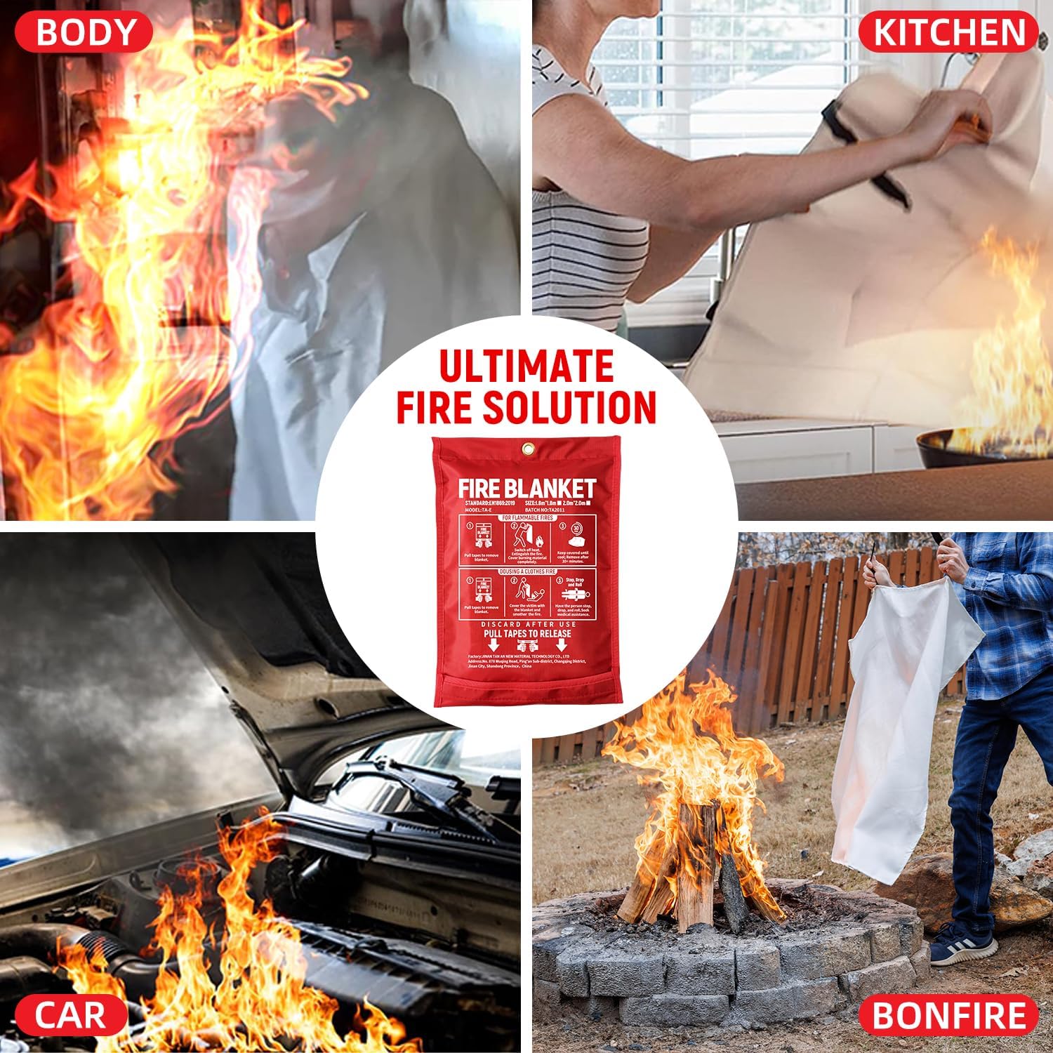 TANAN 4 Pack Fiberglass Fire Suppression Fabric Multiple Sizes Emergency Fire Blanket for Office, Kitchen, Grill, School, Car, Retardant Fire Safety Emergency Evacuation Supplies (47x70in)