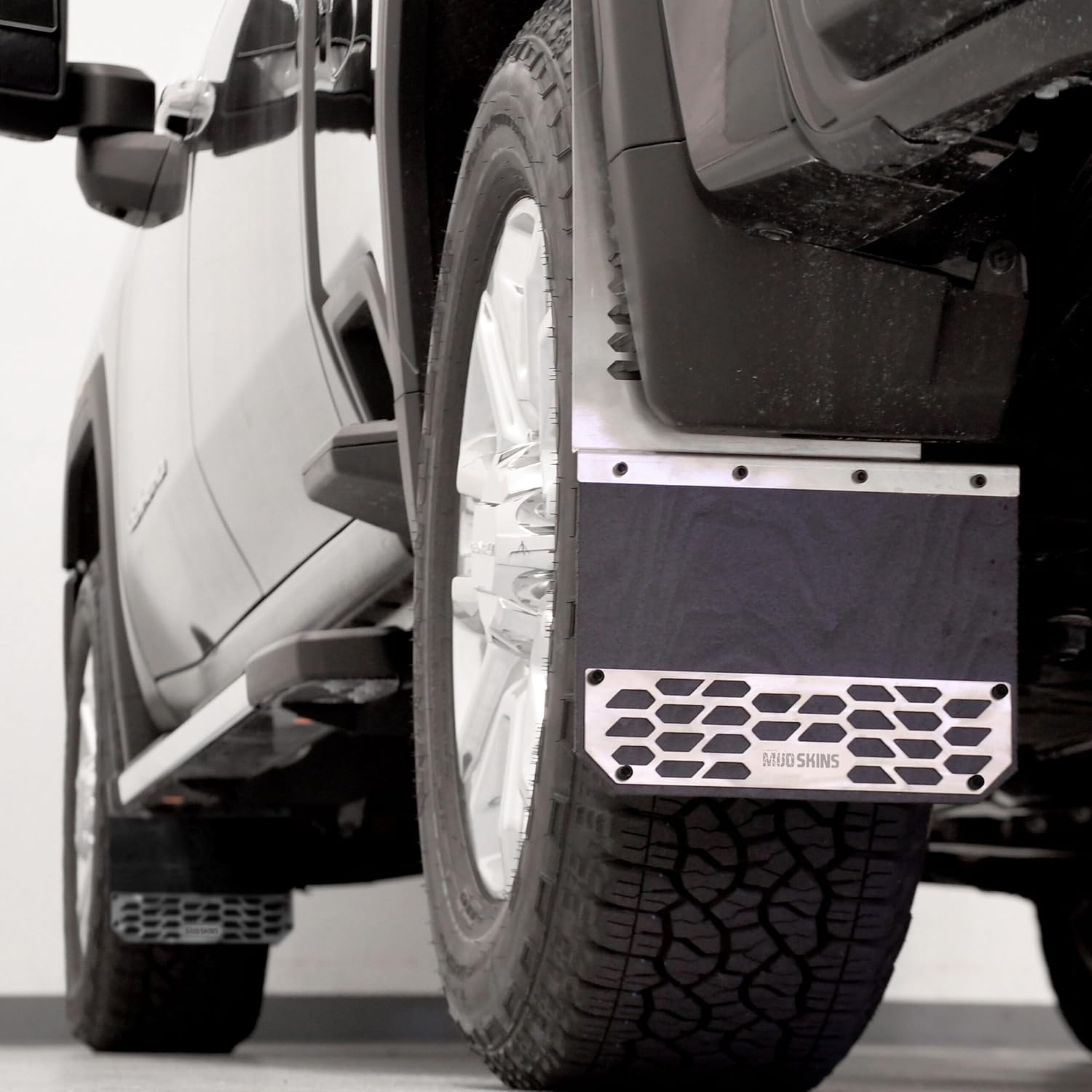 Putco Brushed Stainless Steel HEX Steel Mud Skins - Front Pair - Fits Chevy Silverado 1500 / GMC Sierra 1500 / Dodge Ram Truck 1500 2014-2025