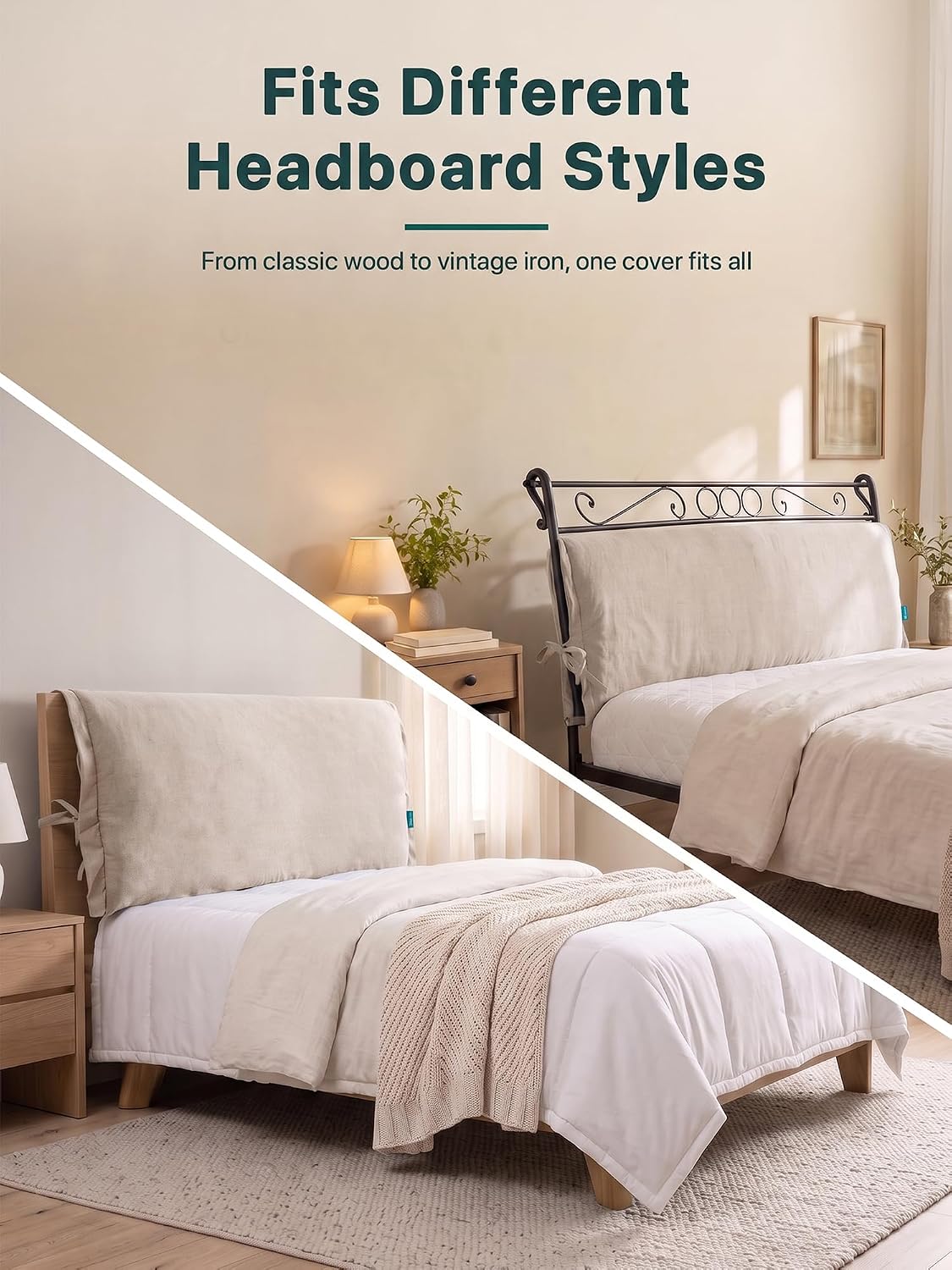 Stretch Headboard Cover, Soft Upholstered Bed Slipcover with Tie Straps | Upgraded thickened fabric renews headboard quick install fits most soft bump protection pet-resistant, 59×28in, Beige