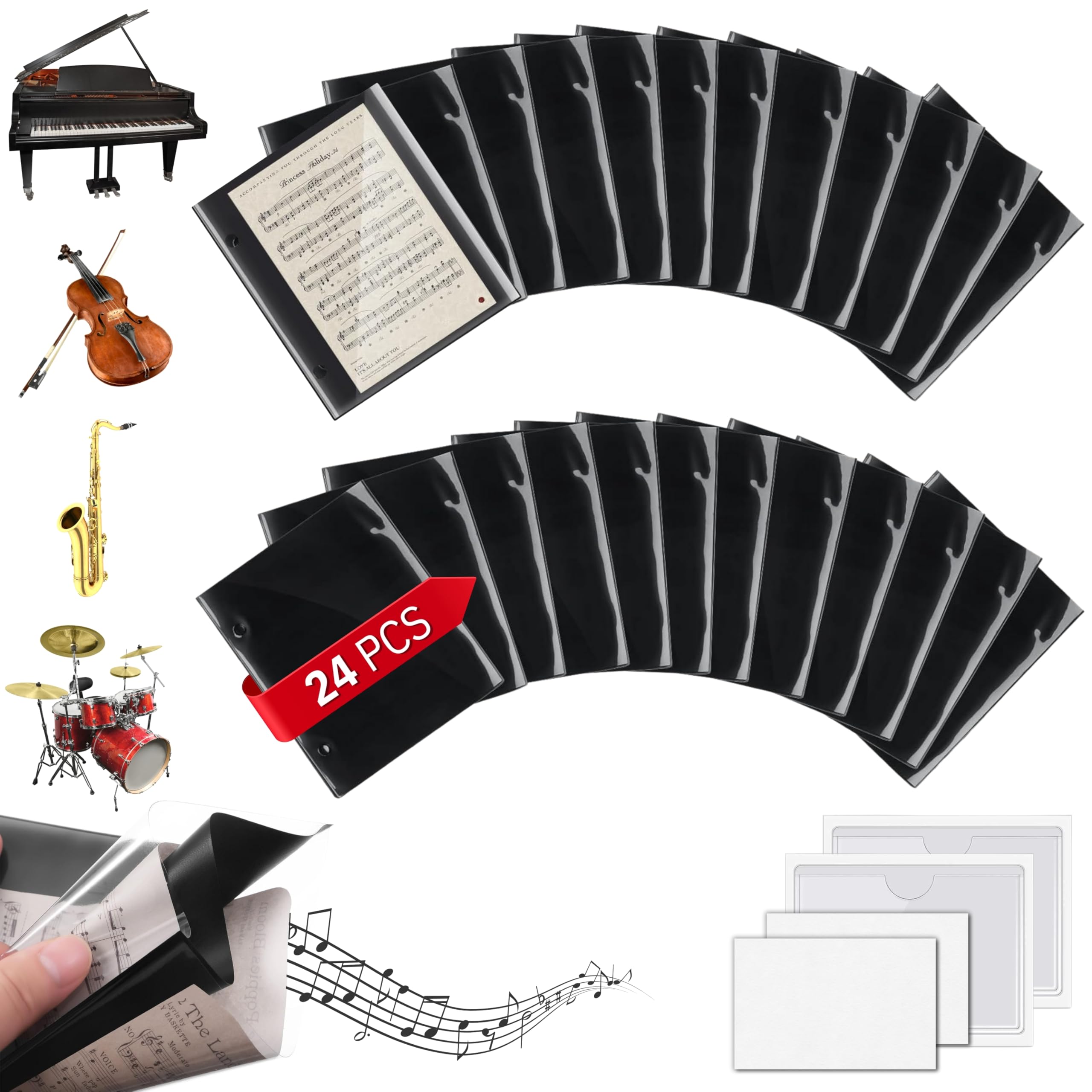 24 Pieces Double Side Flip Folio Folder Pages Music Sheet Holder PVC Waterproof for Marching Band Stand Fits Flute Clarinet Trumpet Trombone Saxophone Black Binder
