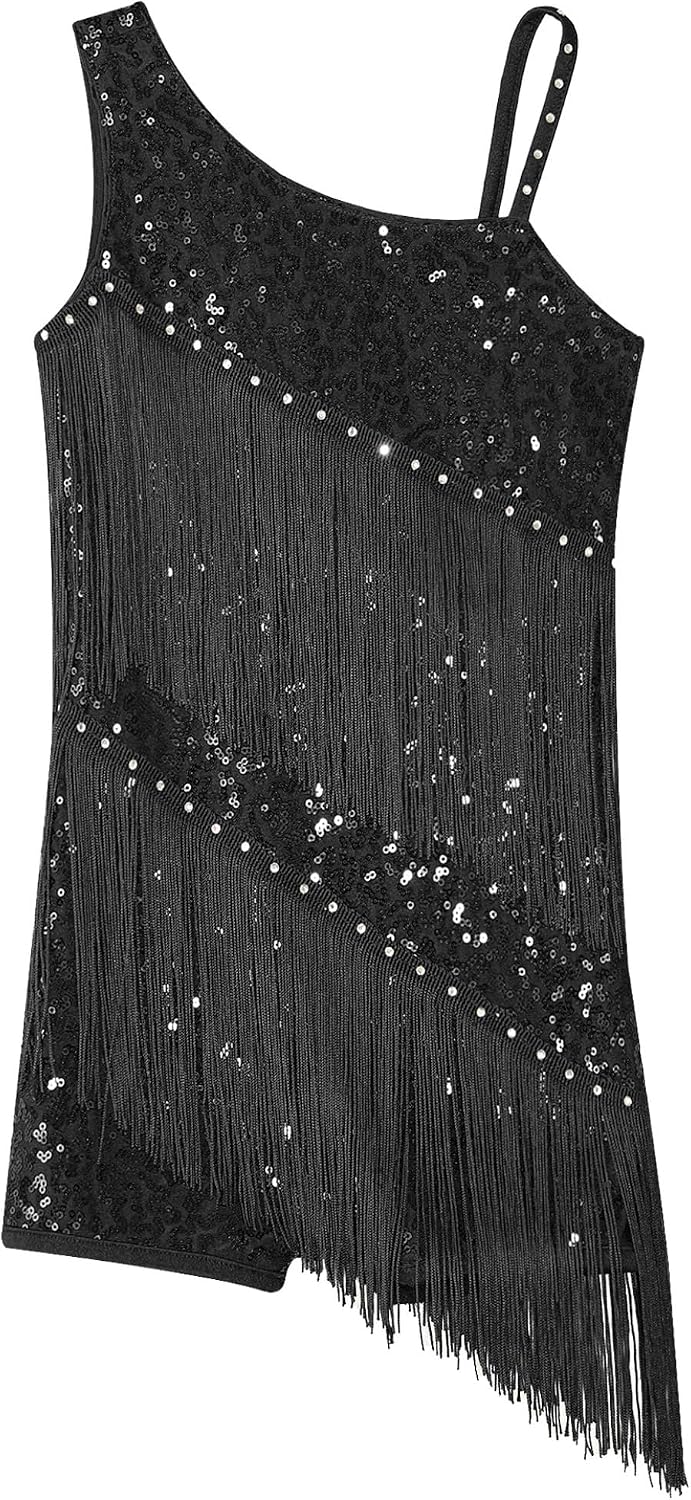 Latin Dance Dress for Girls Kids Sleeveless Sequins Tassel Hem Ballroom Dance Leotard Dress