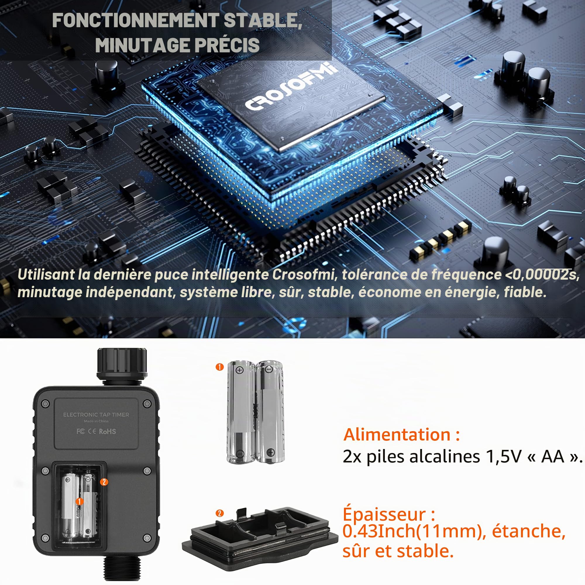 CROSOFMI Programmateur Arrosage Automatique Minuteur Arrosage pour Jardin Programmateur Robinet Arrosage Connecté/Mode Verrouillage Enfant/Mode Automatique & Manuel/Retard De Pluie/IP65 Étanche