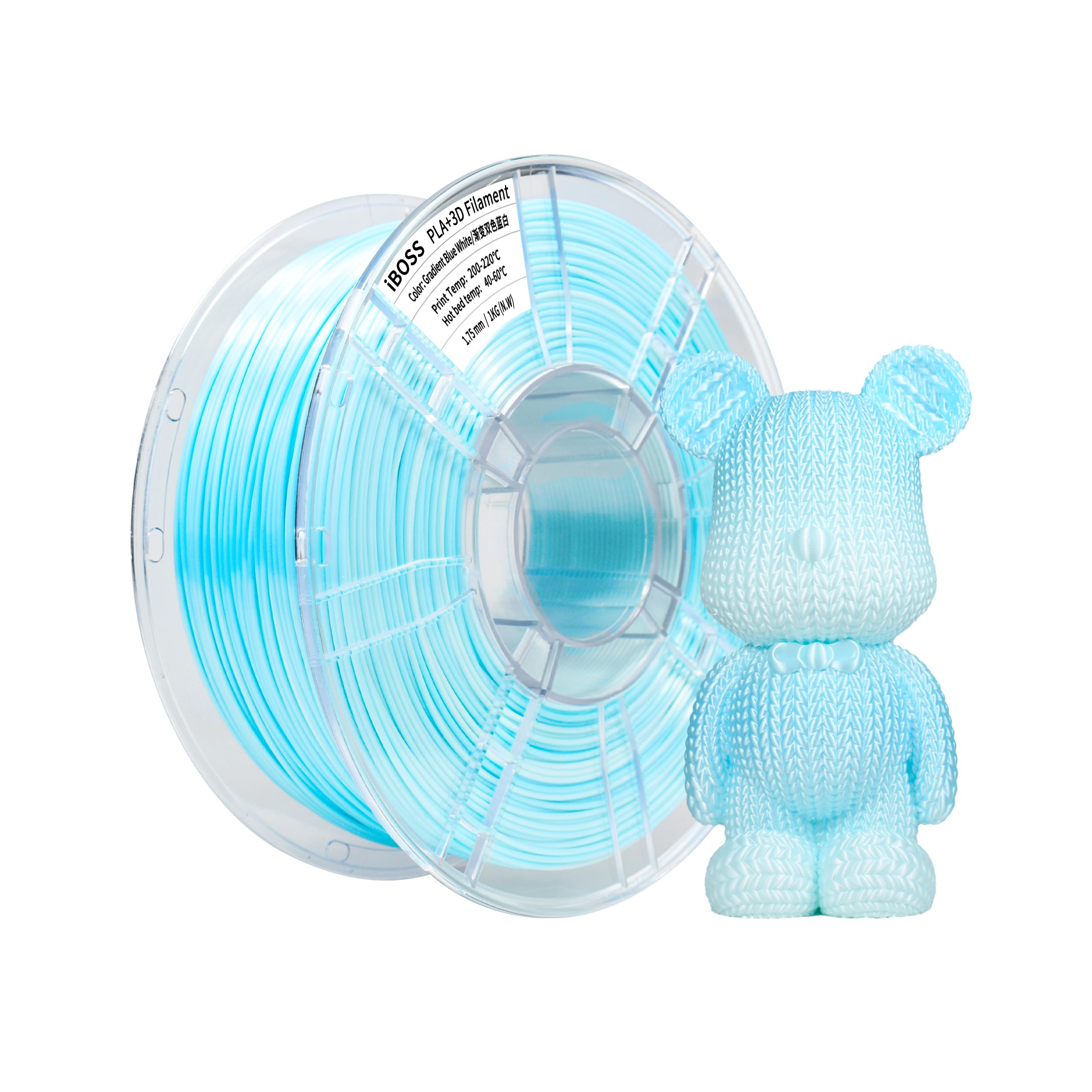 iBOSS Seide Gradient PLA Plus (PLA+) 3D-Drucker-Filament 1,75 + / -0,02 mm, 1 kg Spule (2,2lbs) Zweifarbiges PLA Pro 3D-Filament, Passend für die meisten FDM-Drucker (Farbverlauf Blau Weiß)