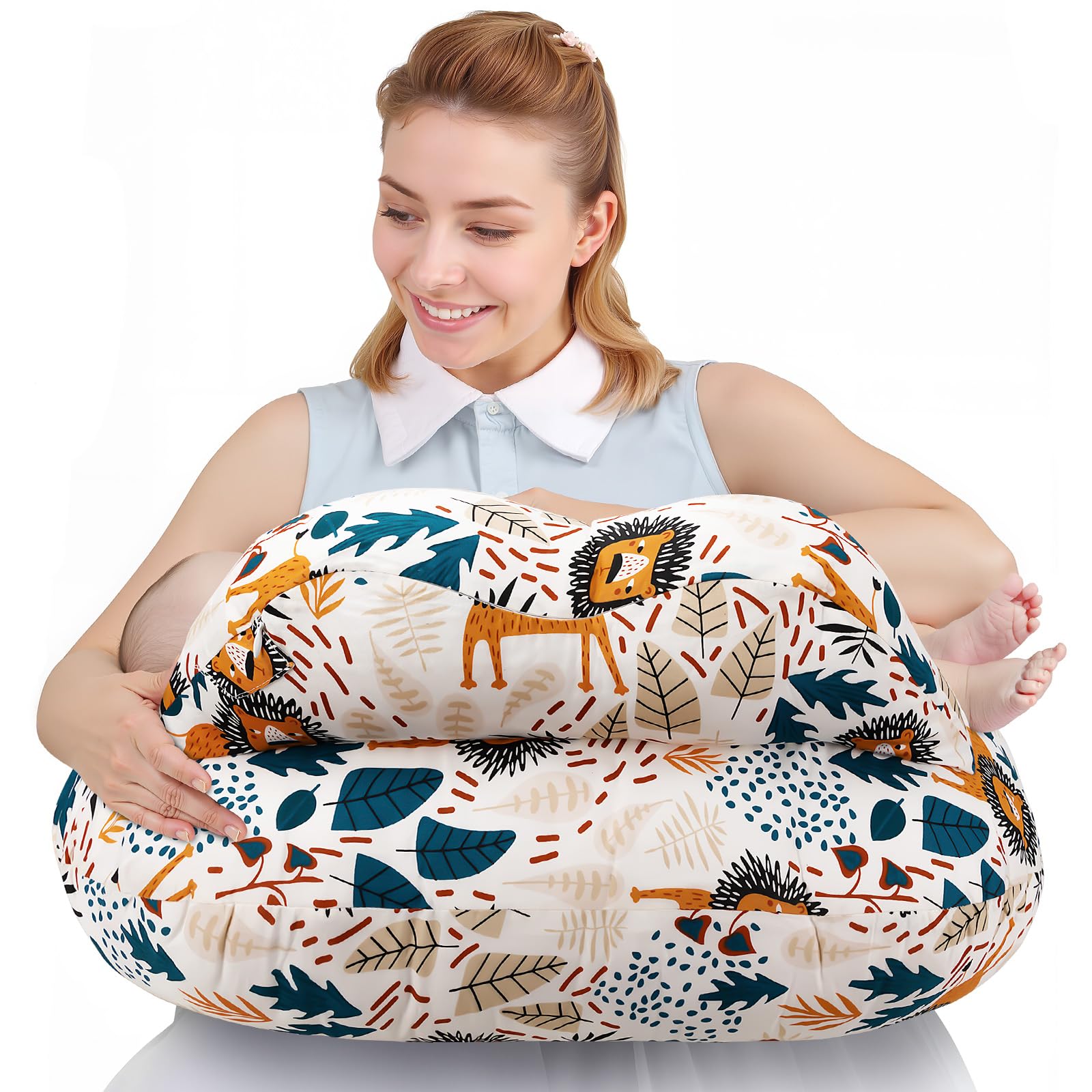 Nursing Pillow for Breastfeeding - Ergonomic Comfort & Support Baby Pillow for Bottle Feeding and Breastfeeding, Easier and Healthier Nursing, Firm Fiber Fill, with Removable Cover (Lion)