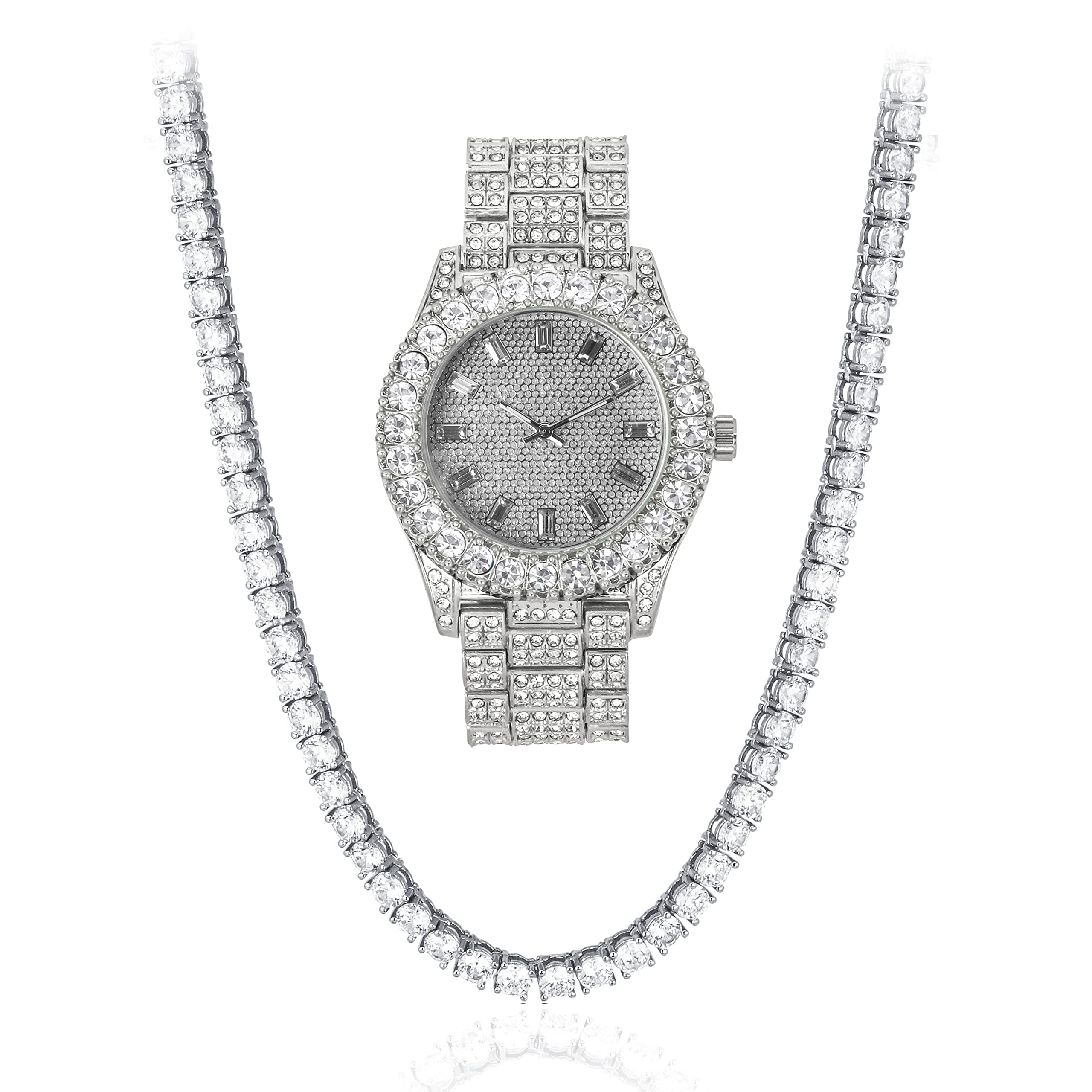 Womens Iced Solitaire Bezel Watch & Chain Set, 44mm Case - Silver Baguette Dial, Tennis Chain
