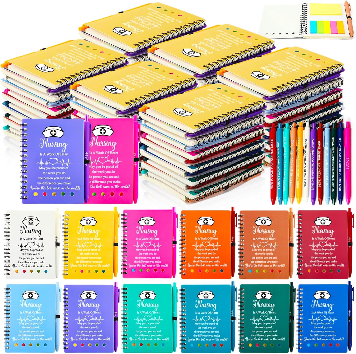 Fullhawl Nurse Appreciation Gift Bulk Thank You Gift for Medical Nursing Assistant Spiral Notebook with Sticky Note Inspirational Ballpoint Pen for RN Student Staff Doctor Grad(72 Sets,Multicolor)