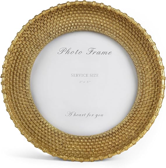 Vintage Gold 5x5 Picture Frame, Gold Metal Rattan Textured Hand-Crafted Photo Frame with Glass Front Antique Picture Frame for Tabletop Display & Wall Display, Retro Design Home Decor